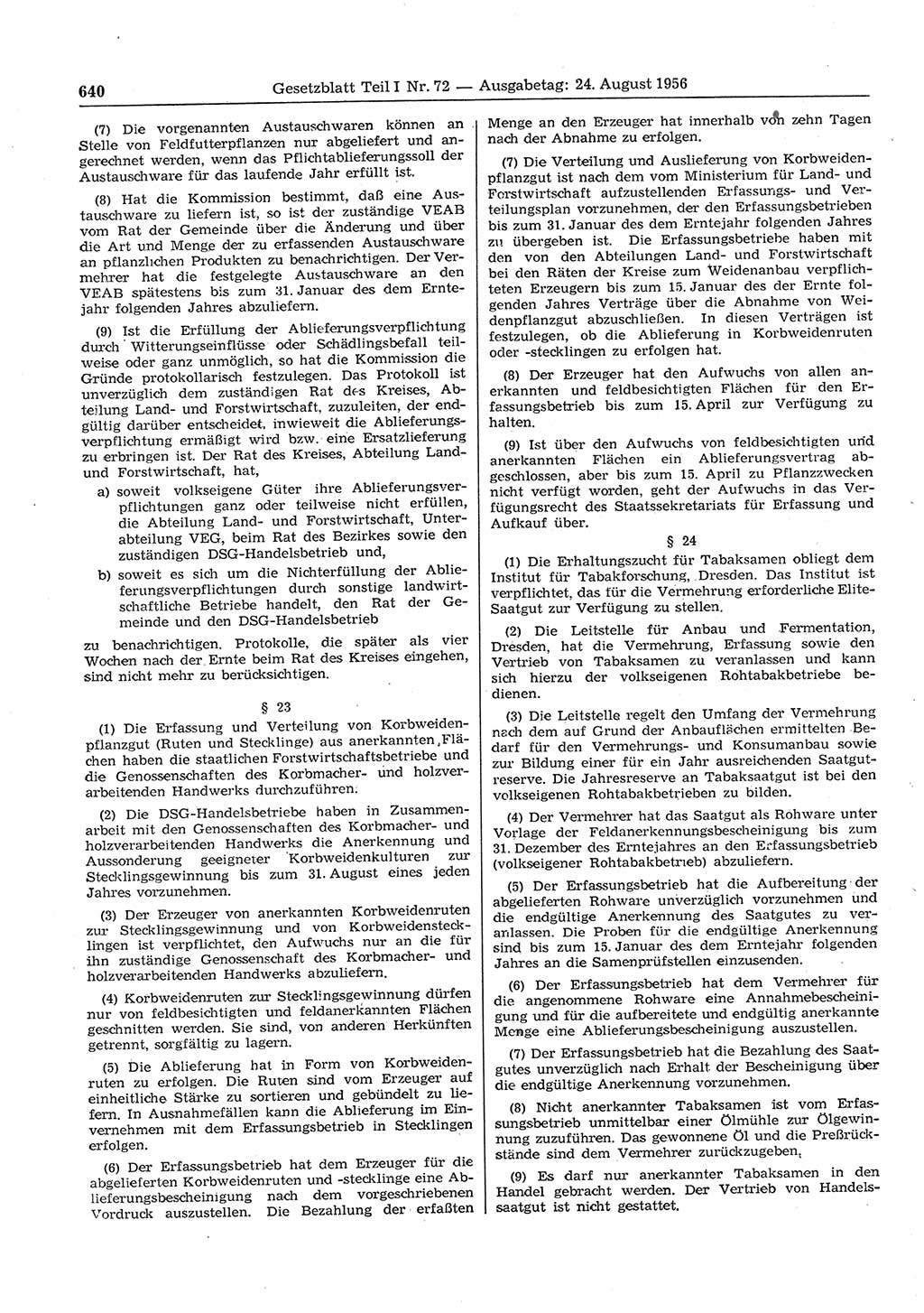 Gesetzblatt (GBl.) der Deutschen Demokratischen Republik (DDR) Teil Ⅰ 1956, Seite 640 (GBl. DDR Ⅰ 1956, S. 640)