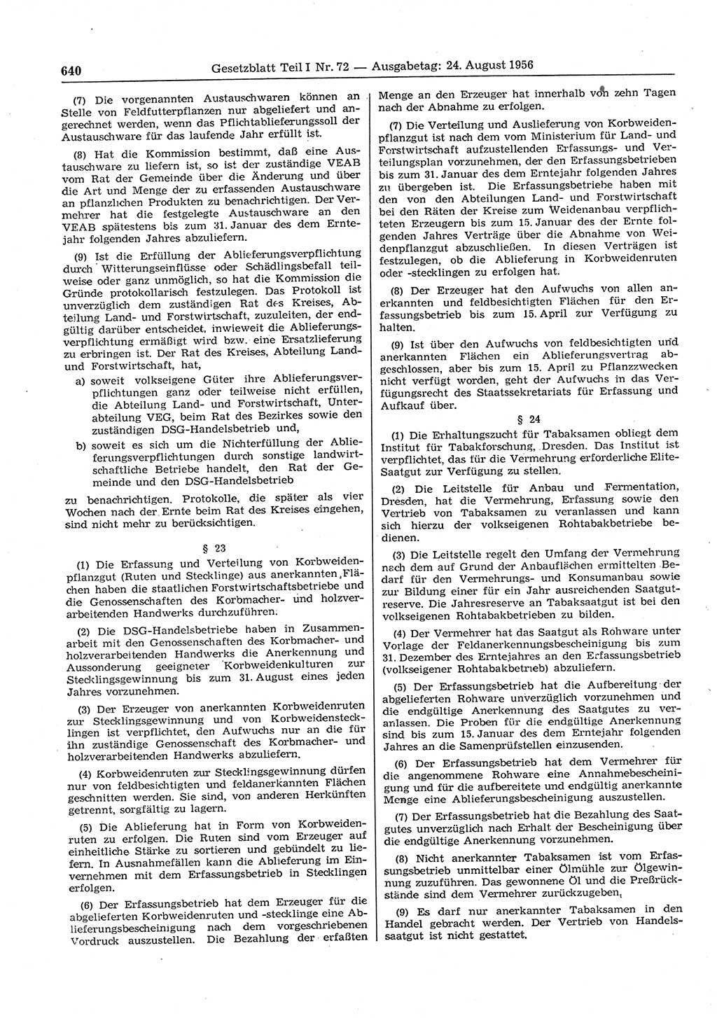 Gesetzblatt (GBl.) der Deutschen Demokratischen Republik (DDR) Teil Ⅰ 1956, Seite 640 (GBl. DDR Ⅰ 1956, S. 640)