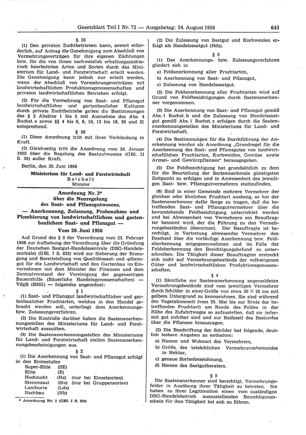 Gesetzblatt (GBl.) der Deutschen Demokratischen Republik (DDR) Teil Ⅰ 1956, Seite 641 (GBl. DDR Ⅰ 1956, S. 641)