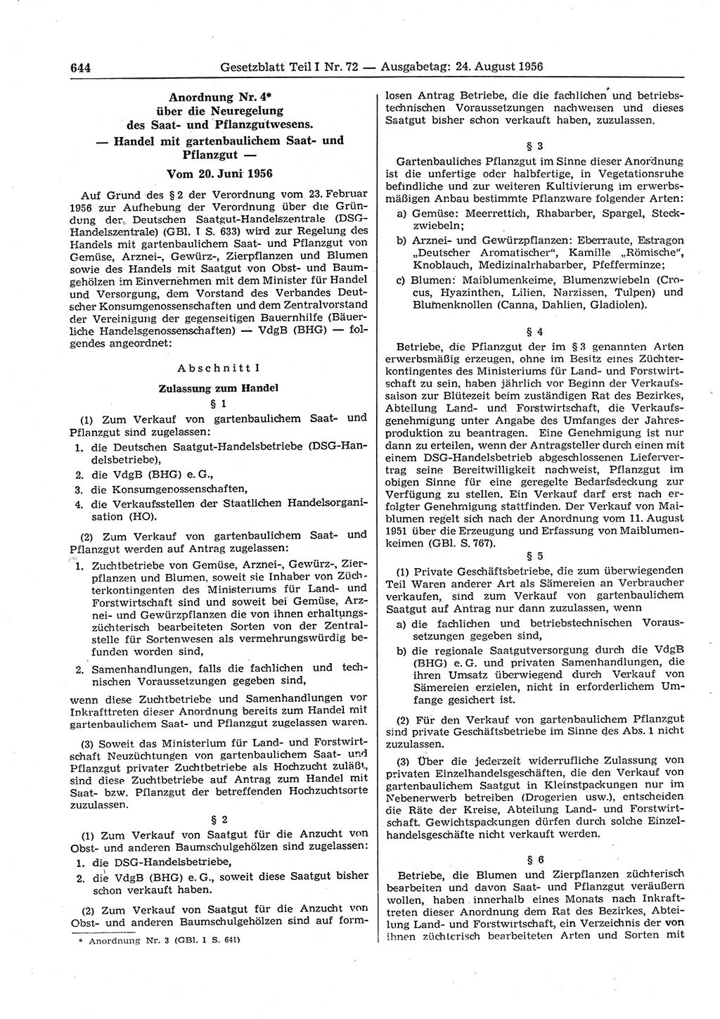 Gesetzblatt (GBl.) der Deutschen Demokratischen Republik (DDR) Teil Ⅰ 1956, Seite 644 (GBl. DDR Ⅰ 1956, S. 644)