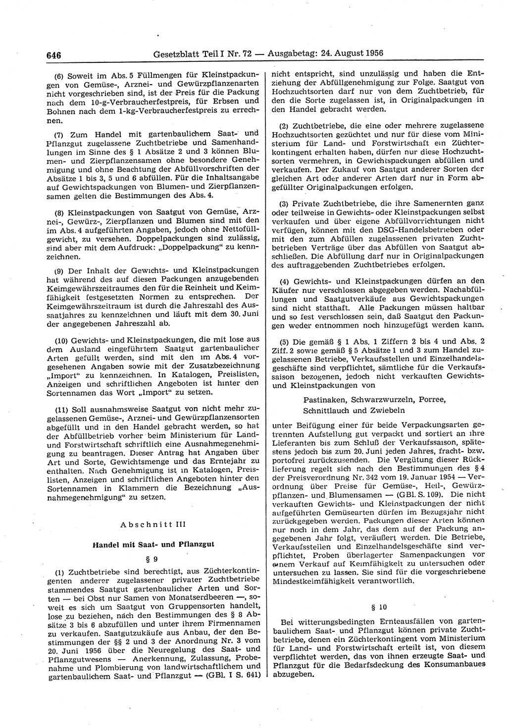 Gesetzblatt (GBl.) der Deutschen Demokratischen Republik (DDR) Teil Ⅰ 1956, Seite 646 (GBl. DDR Ⅰ 1956, S. 646)