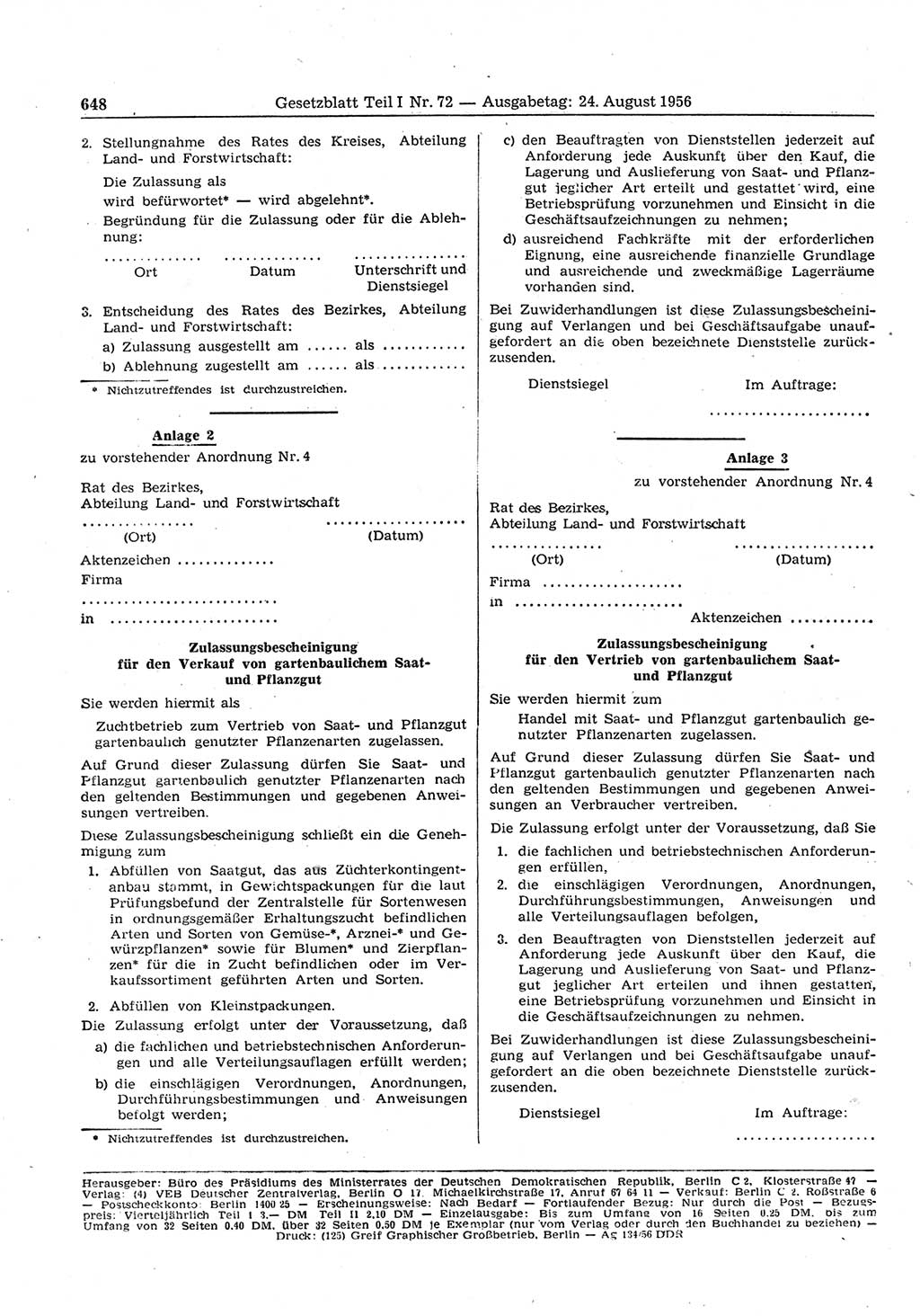 Gesetzblatt (GBl.) der Deutschen Demokratischen Republik (DDR) Teil Ⅰ 1956, Seite 648 (GBl. DDR Ⅰ 1956, S. 648)