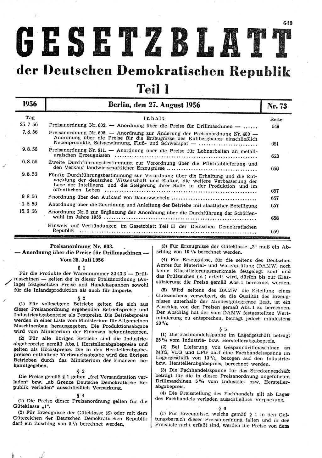 Gesetzblatt (GBl.) der Deutschen Demokratischen Republik (DDR) Teil Ⅰ 1956, Seite 649 (GBl. DDR Ⅰ 1956, S. 649)