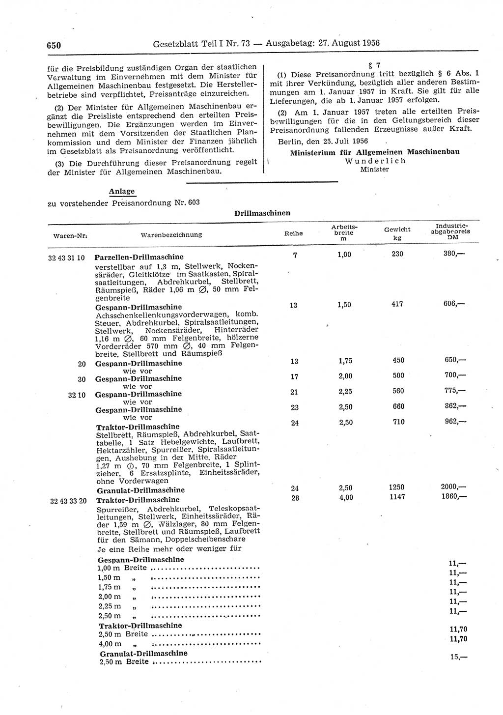 Gesetzblatt (GBl.) der Deutschen Demokratischen Republik (DDR) Teil Ⅰ 1956, Seite 650 (GBl. DDR Ⅰ 1956, S. 650)