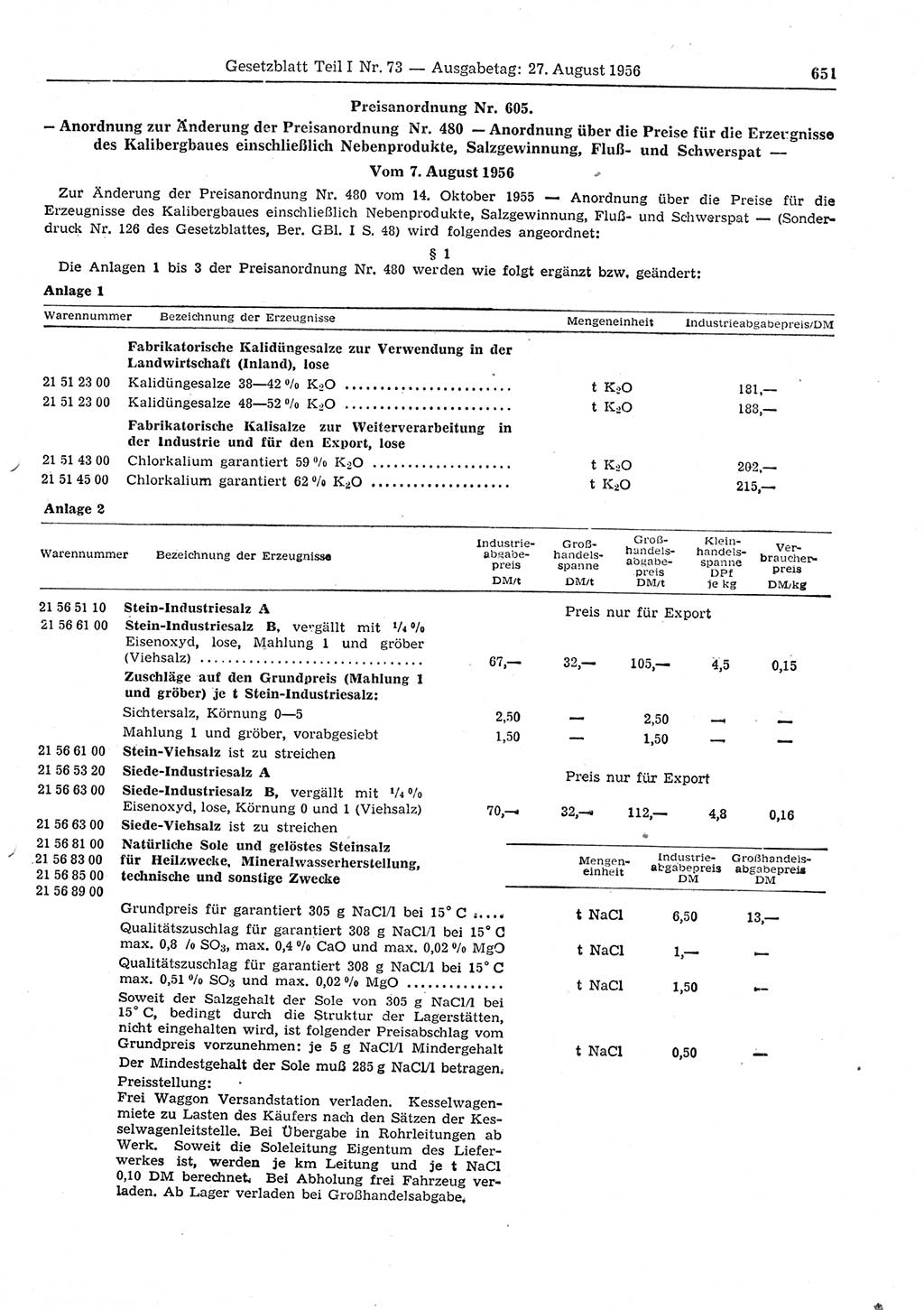 Gesetzblatt (GBl.) der Deutschen Demokratischen Republik (DDR) Teil Ⅰ 1956, Seite 651 (GBl. DDR Ⅰ 1956, S. 651)