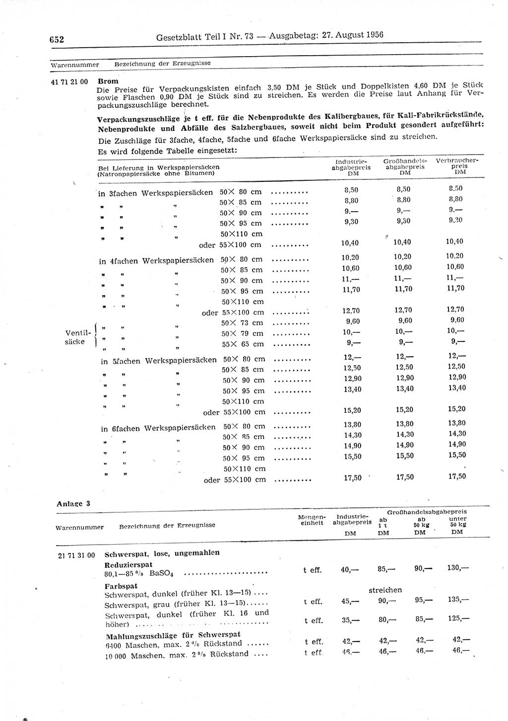 Gesetzblatt (GBl.) der Deutschen Demokratischen Republik (DDR) Teil Ⅰ 1956, Seite 652 (GBl. DDR Ⅰ 1956, S. 652)