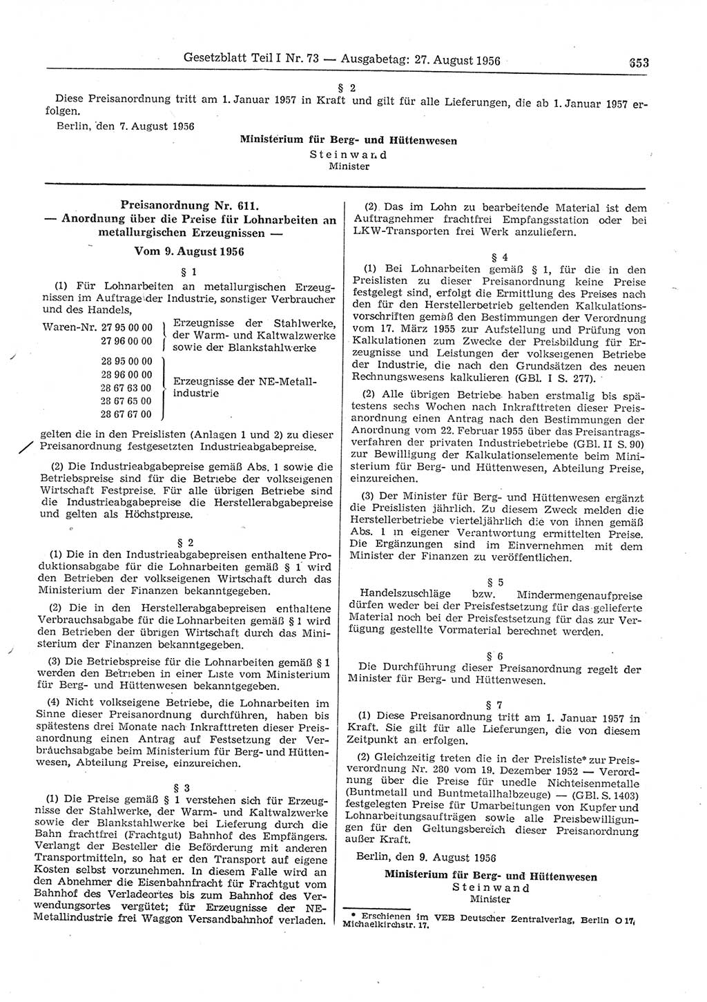 Gesetzblatt (GBl.) der Deutschen Demokratischen Republik (DDR) Teil Ⅰ 1956, Seite 653 (GBl. DDR Ⅰ 1956, S. 653)