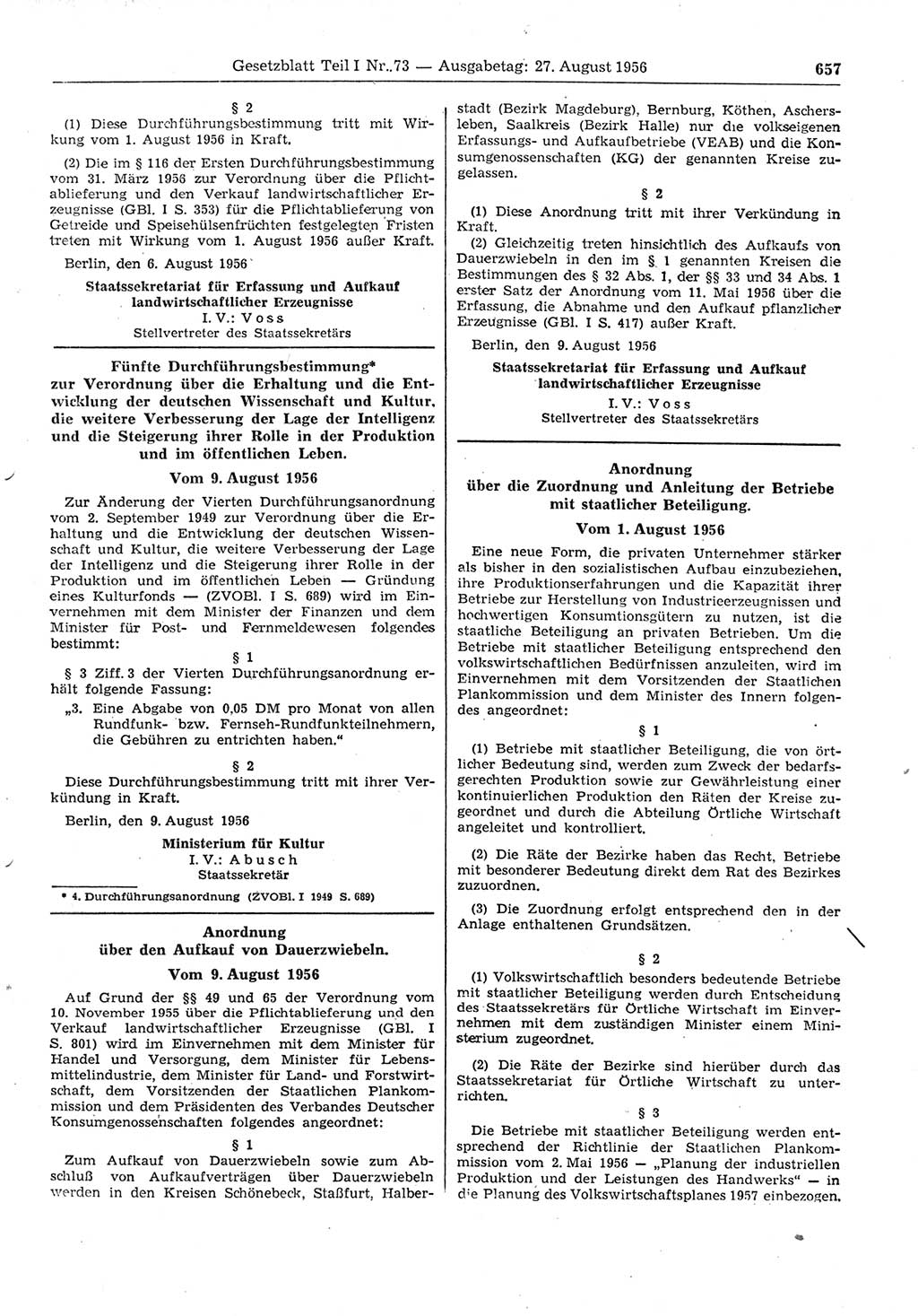 Gesetzblatt (GBl.) der Deutschen Demokratischen Republik (DDR) Teil Ⅰ 1956, Seite 657 (GBl. DDR Ⅰ 1956, S. 657)