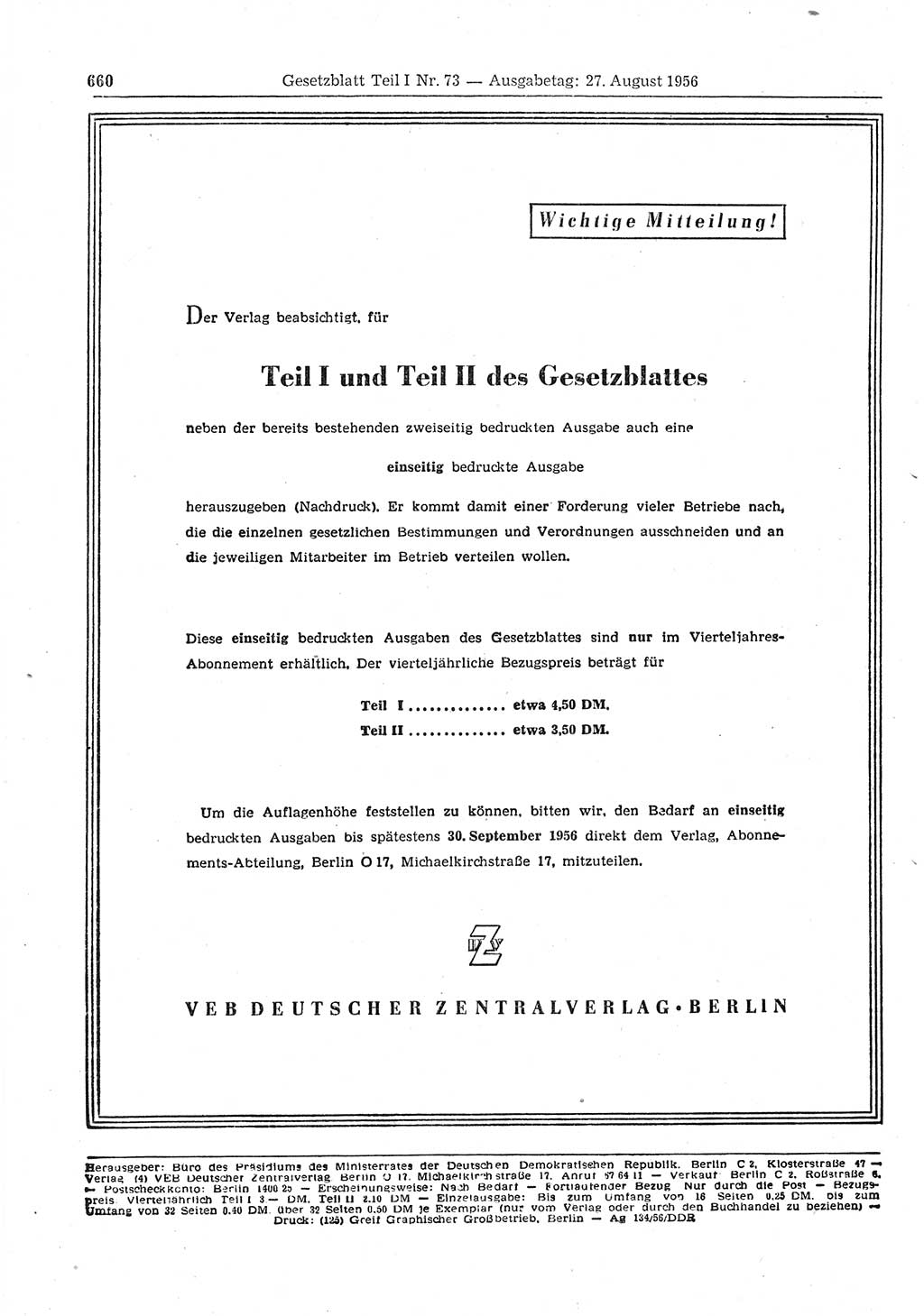 Gesetzblatt (GBl.) der Deutschen Demokratischen Republik (DDR) Teil Ⅰ 1956, Seite 660 (GBl. DDR Ⅰ 1956, S. 660)