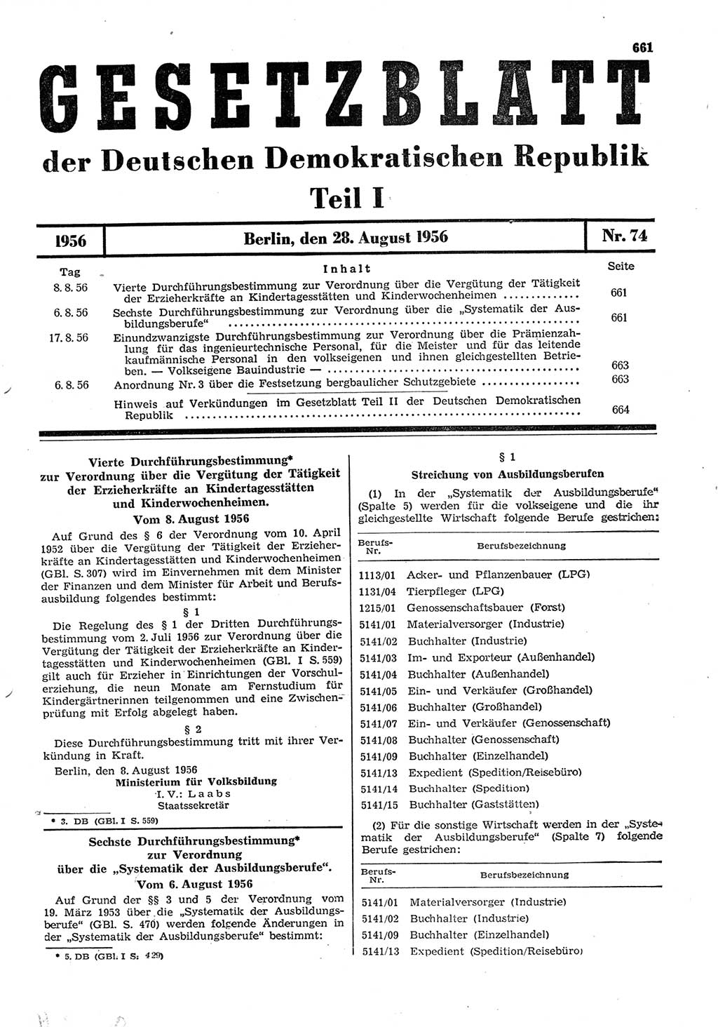 Gesetzblatt (GBl.) der Deutschen Demokratischen Republik (DDR) Teil Ⅰ 1956, Seite 661 (GBl. DDR Ⅰ 1956, S. 661)