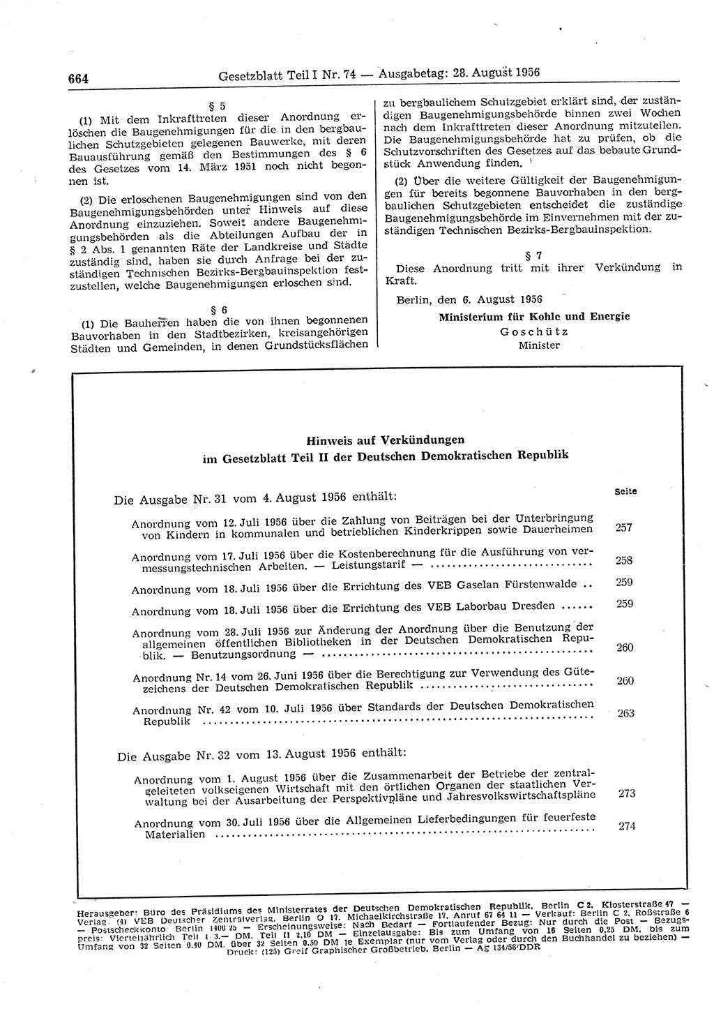 Gesetzblatt (GBl.) der Deutschen Demokratischen Republik (DDR) Teil Ⅰ 1956, Seite 664 (GBl. DDR Ⅰ 1956, S. 664)