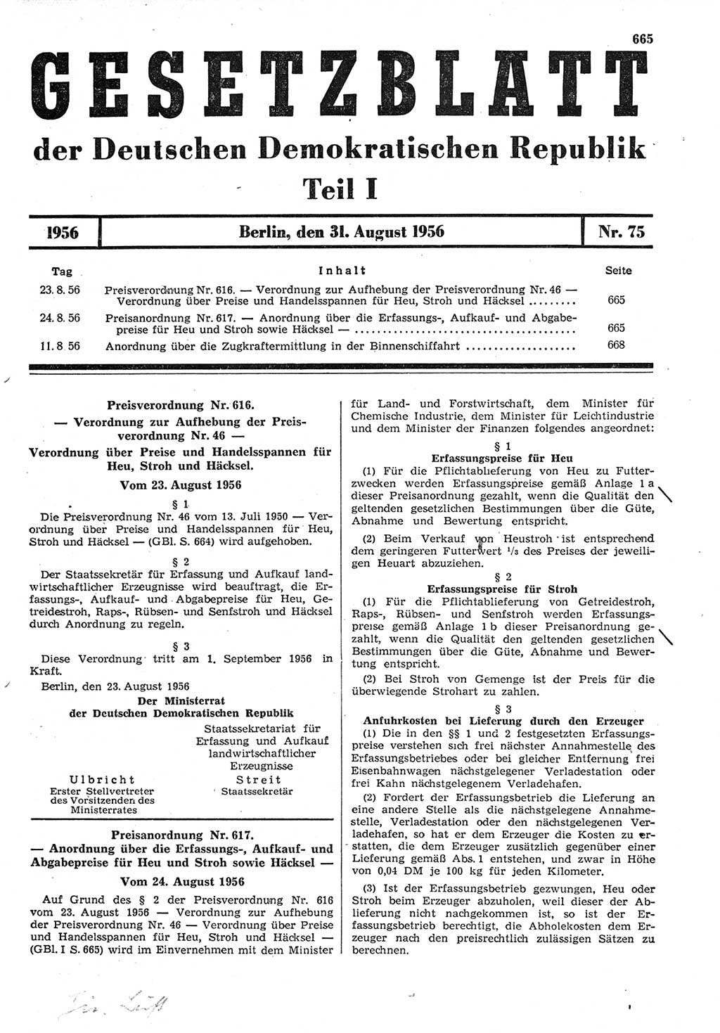 Gesetzblatt (GBl.) der Deutschen Demokratischen Republik (DDR) Teil Ⅰ 1956, Seite 665 (GBl. DDR Ⅰ 1956, S. 665)