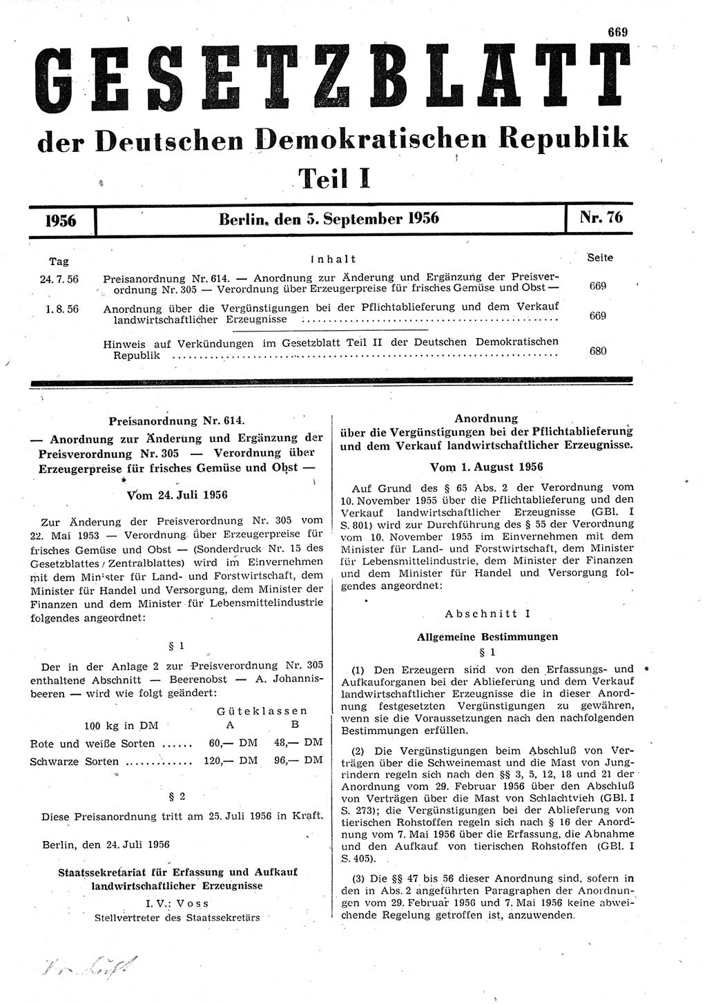 Gesetzblatt (GBl.) der Deutschen Demokratischen Republik (DDR) Teil Ⅰ 1956, Seite 669 (GBl. DDR Ⅰ 1956, S. 669)