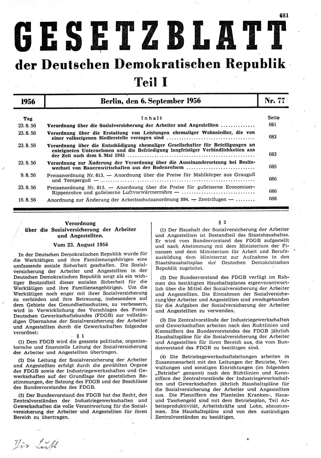 Gesetzblatt (GBl.) der Deutschen Demokratischen Republik (DDR) Teil Ⅰ 1956, Seite 681 (GBl. DDR Ⅰ 1956, S. 681)