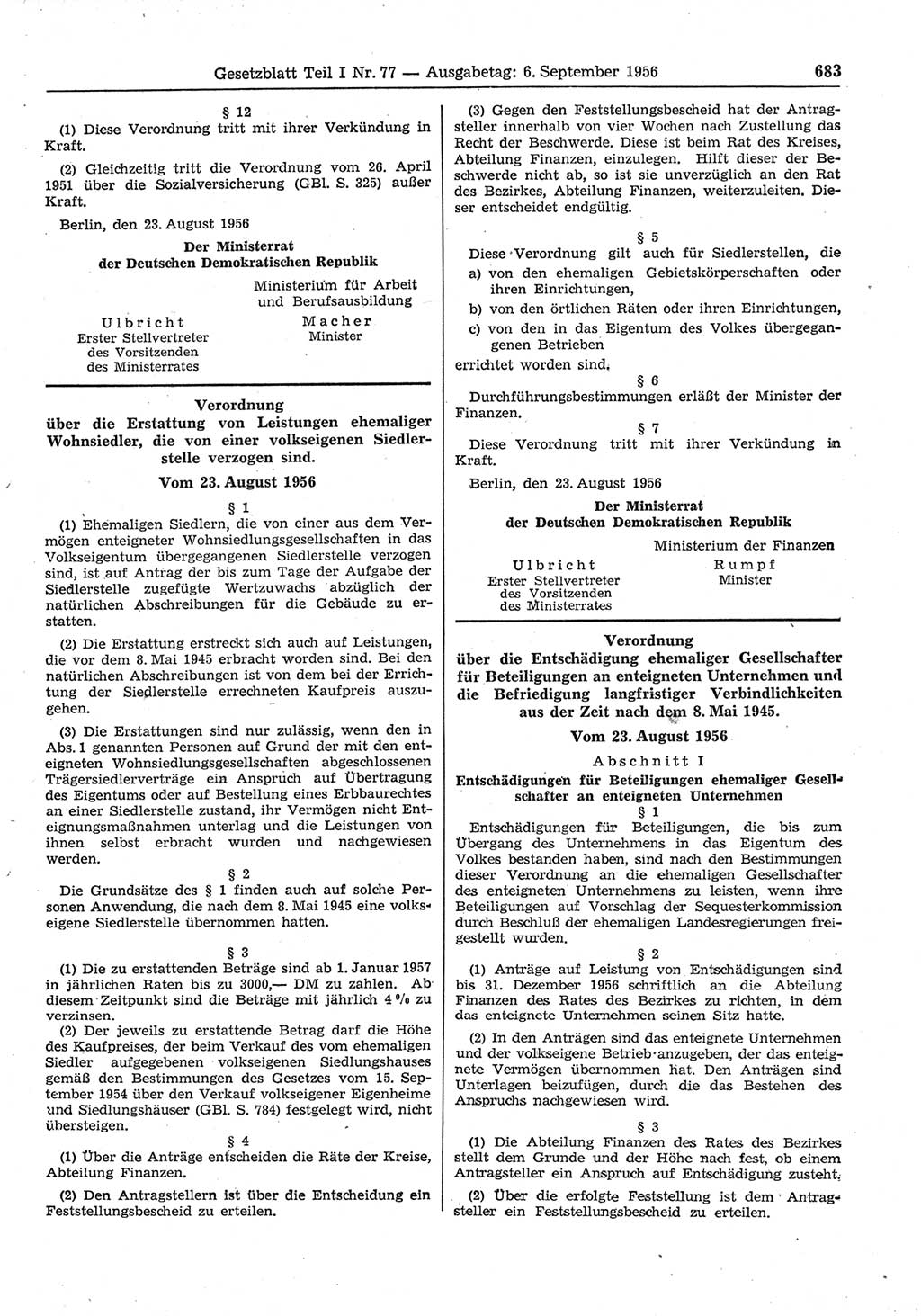 Gesetzblatt (GBl.) der Deutschen Demokratischen Republik (DDR) Teil Ⅰ 1956, Seite 683 (GBl. DDR Ⅰ 1956, S. 683)