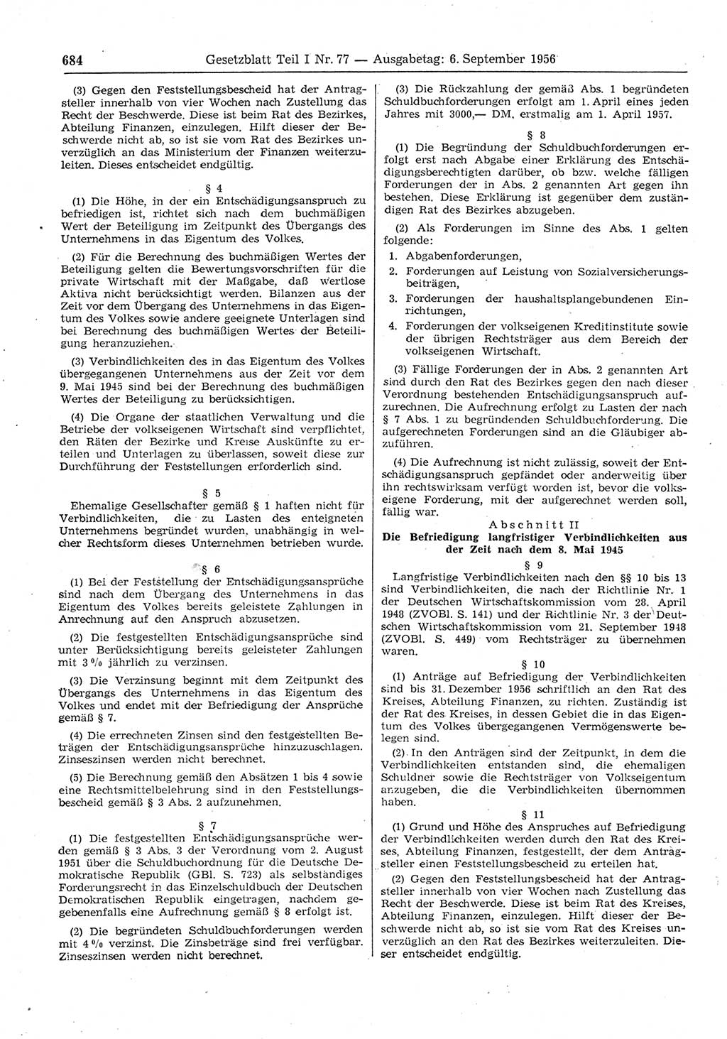Gesetzblatt (GBl.) der Deutschen Demokratischen Republik (DDR) Teil Ⅰ 1956, Seite 684 (GBl. DDR Ⅰ 1956, S. 684)