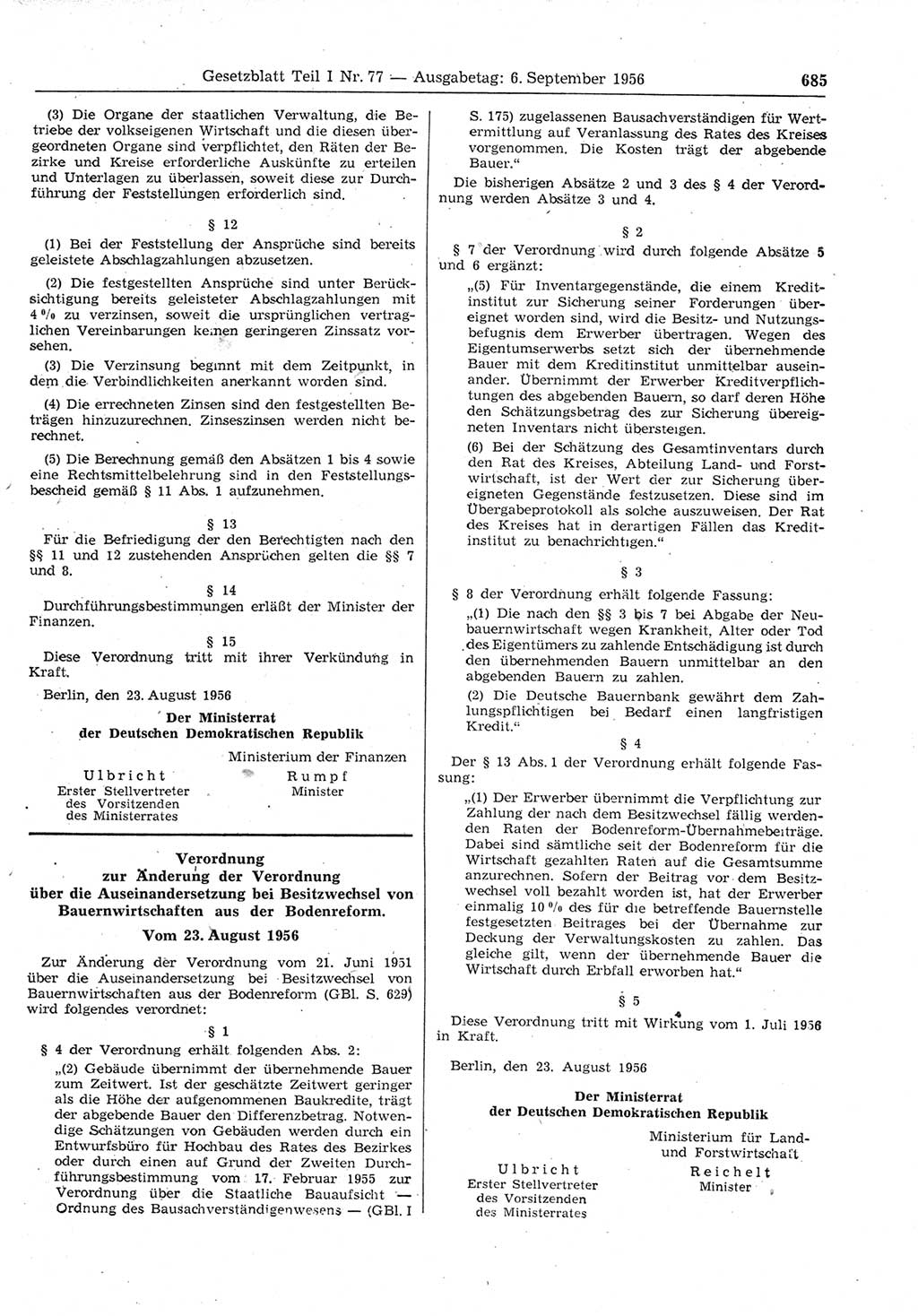 Gesetzblatt (GBl.) der Deutschen Demokratischen Republik (DDR) Teil Ⅰ 1956, Seite 685 (GBl. DDR Ⅰ 1956, S. 685)
