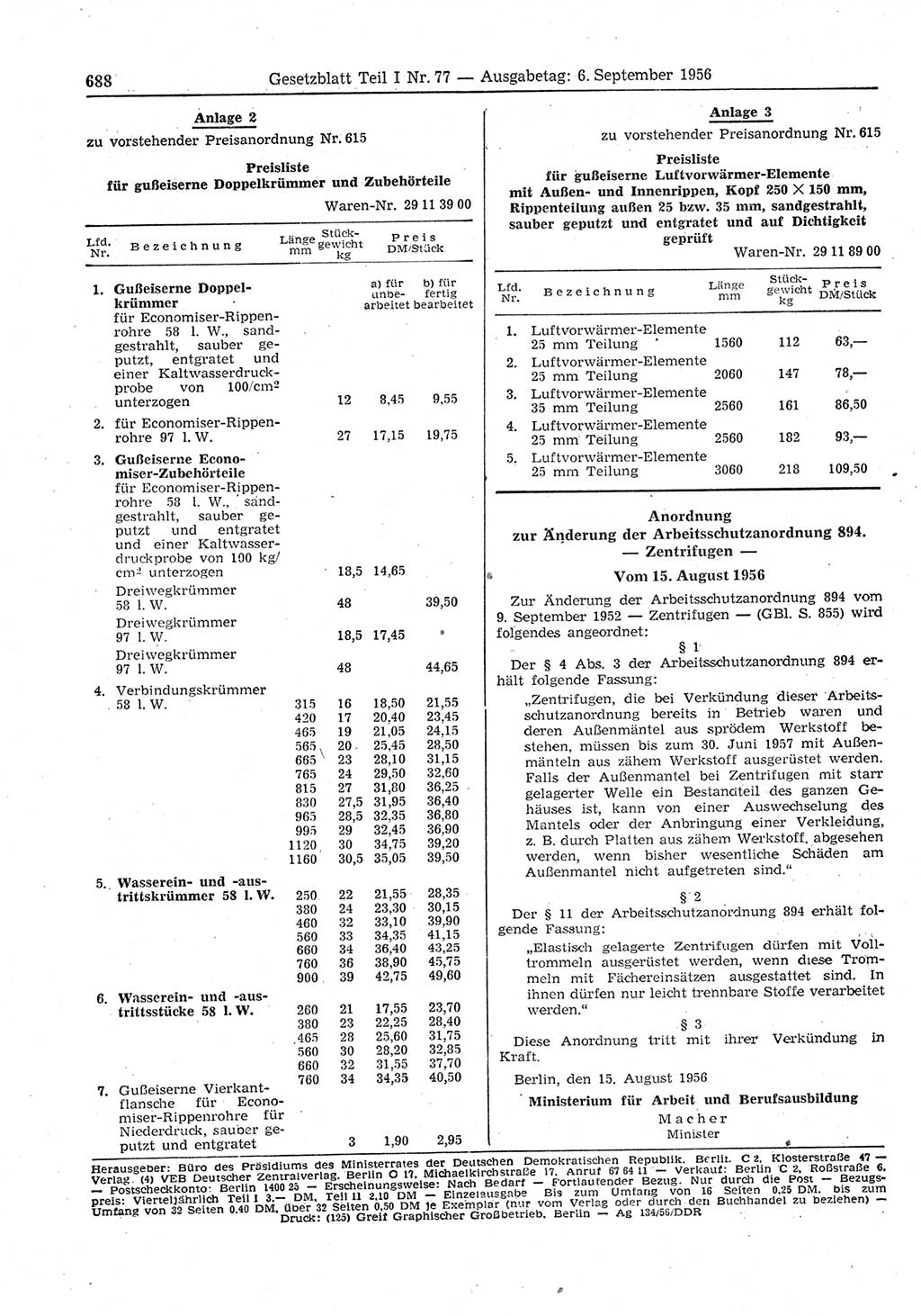 Gesetzblatt (GBl.) der Deutschen Demokratischen Republik (DDR) Teil Ⅰ 1956, Seite 688 (GBl. DDR Ⅰ 1956, S. 688)