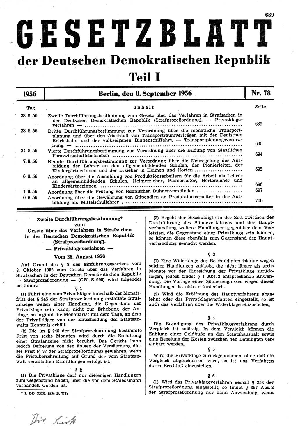 Gesetzblatt (GBl.) der Deutschen Demokratischen Republik (DDR) Teil Ⅰ 1956, Seite 689 (GBl. DDR Ⅰ 1956, S. 689)