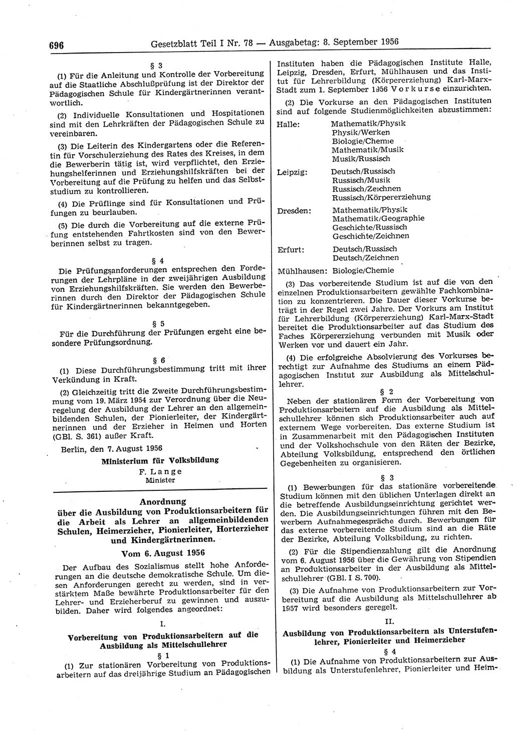 Gesetzblatt (GBl.) der Deutschen Demokratischen Republik (DDR) Teil Ⅰ 1956, Seite 696 (GBl. DDR Ⅰ 1956, S. 696)