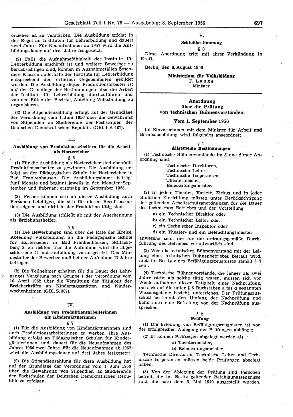 Gesetzblatt (GBl.) der Deutschen Demokratischen Republik (DDR) Teil Ⅰ 1956, Seite 697 (GBl. DDR Ⅰ 1956, S. 697)