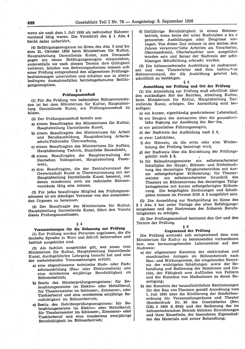 Gesetzblatt (GBl.) der Deutschen Demokratischen Republik (DDR) Teil Ⅰ 1956, Seite 698 (GBl. DDR Ⅰ 1956, S. 698)