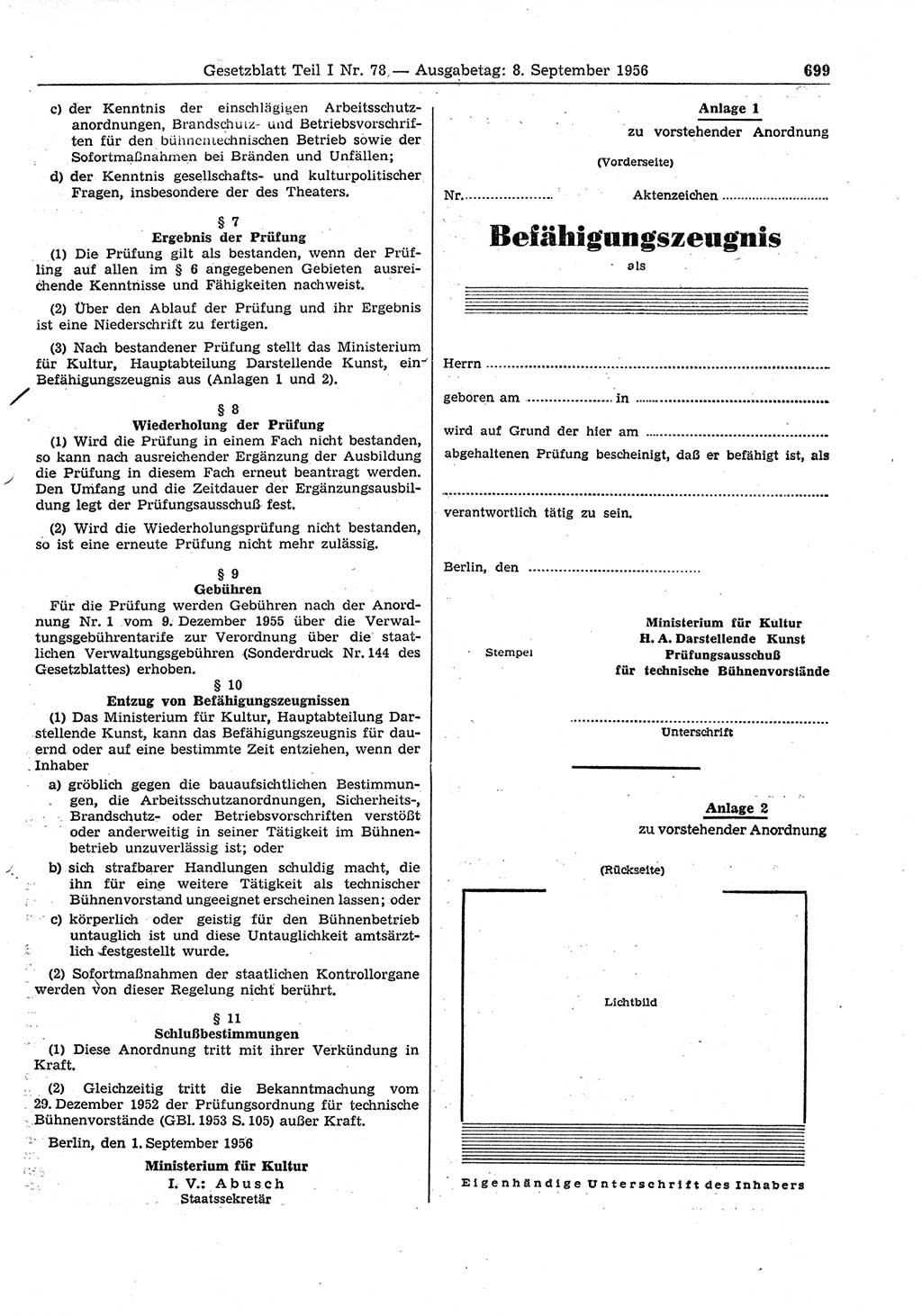 Gesetzblatt (GBl.) der Deutschen Demokratischen Republik (DDR) Teil Ⅰ 1956, Seite 699 (GBl. DDR Ⅰ 1956, S. 699)