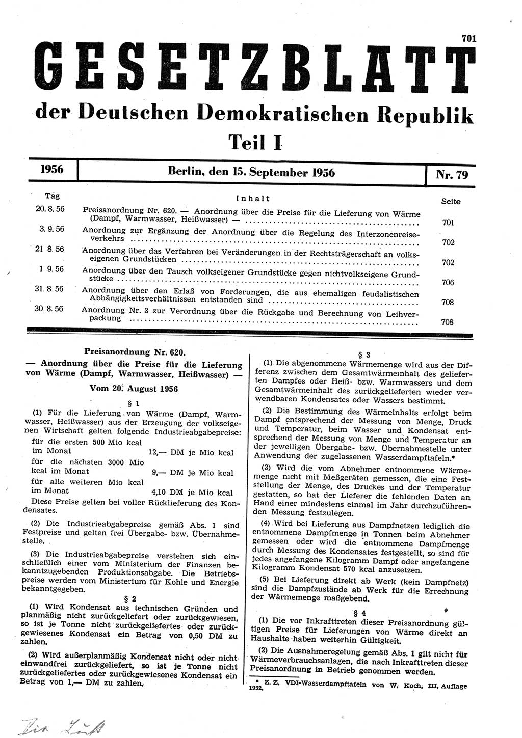 Gesetzblatt (GBl.) der Deutschen Demokratischen Republik (DDR) Teil Ⅰ 1956, Seite 701 (GBl. DDR Ⅰ 1956, S. 701)