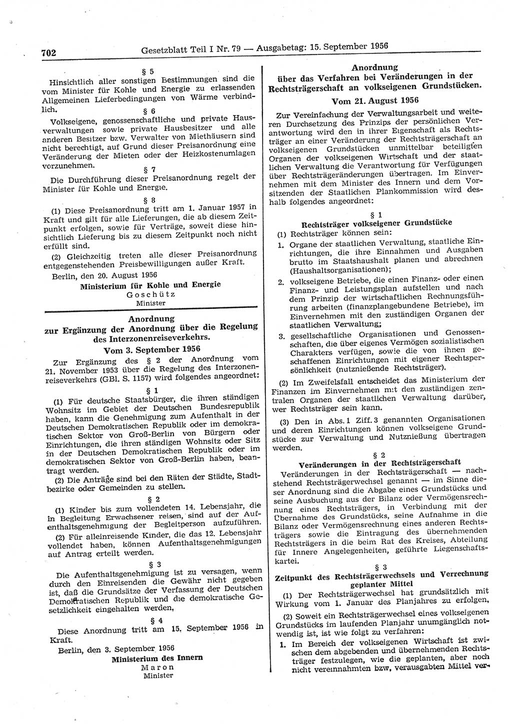 Gesetzblatt (GBl.) der Deutschen Demokratischen Republik (DDR) Teil Ⅰ 1956, Seite 702 (GBl. DDR Ⅰ 1956, S. 702)