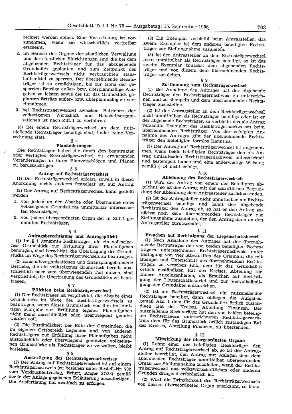 Gesetzblatt (GBl.) der Deutschen Demokratischen Republik (DDR) Teil Ⅰ 1956, Seite 703 (GBl. DDR Ⅰ 1956, S. 703)