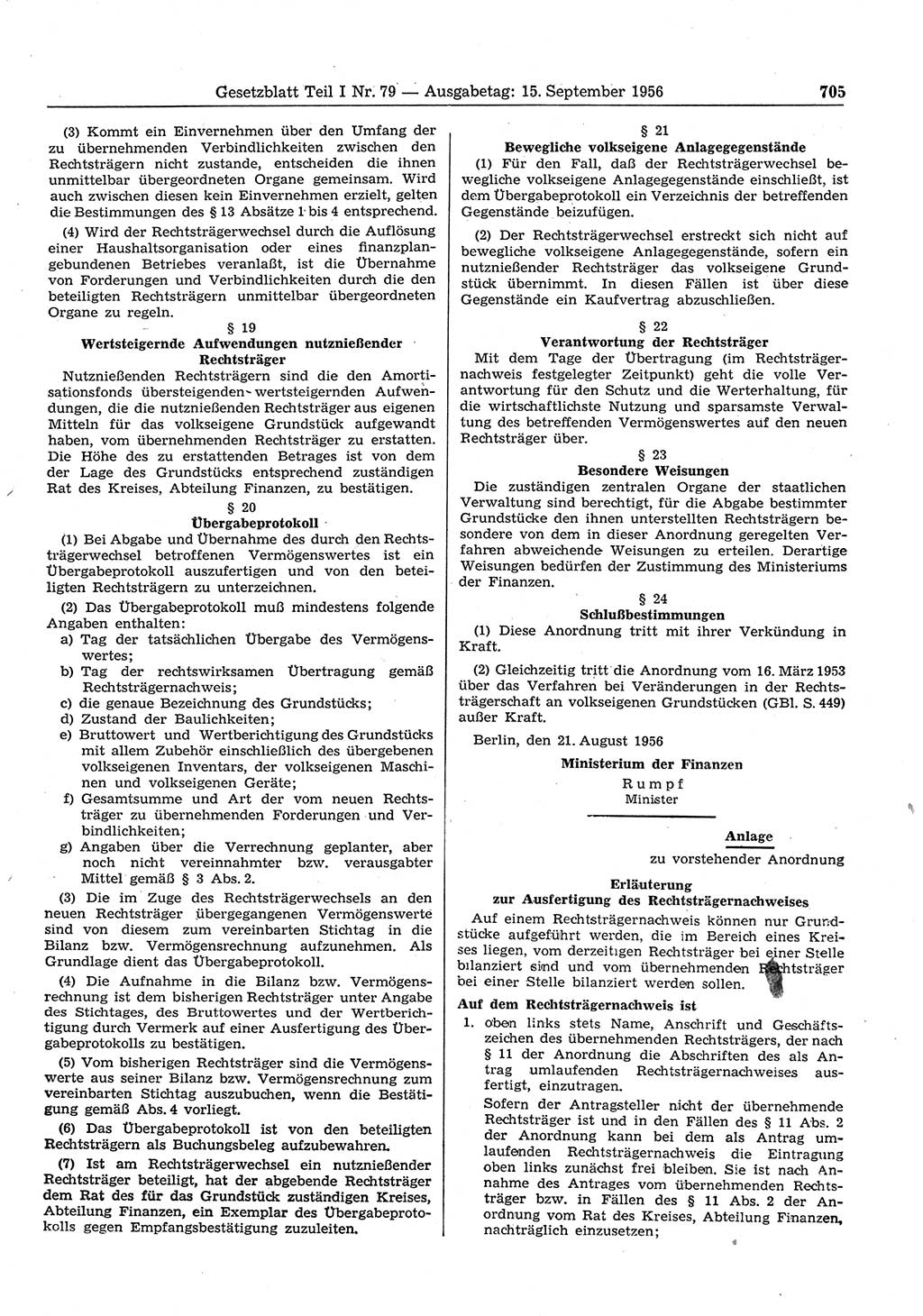 Gesetzblatt (GBl.) der Deutschen Demokratischen Republik (DDR) Teil Ⅰ 1956, Seite 705 (GBl. DDR Ⅰ 1956, S. 705)
