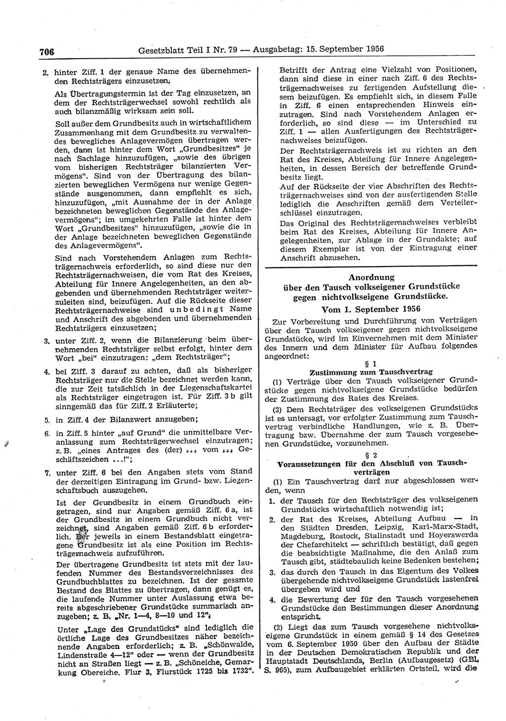 Gesetzblatt (GBl.) der Deutschen Demokratischen Republik (DDR) Teil Ⅰ 1956, Seite 706 (GBl. DDR Ⅰ 1956, S. 706)