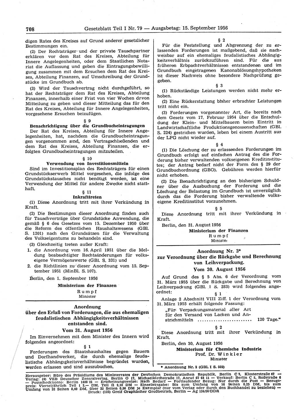 Gesetzblatt (GBl.) der Deutschen Demokratischen Republik (DDR) Teil Ⅰ 1956, Seite 708 (GBl. DDR Ⅰ 1956, S. 708)