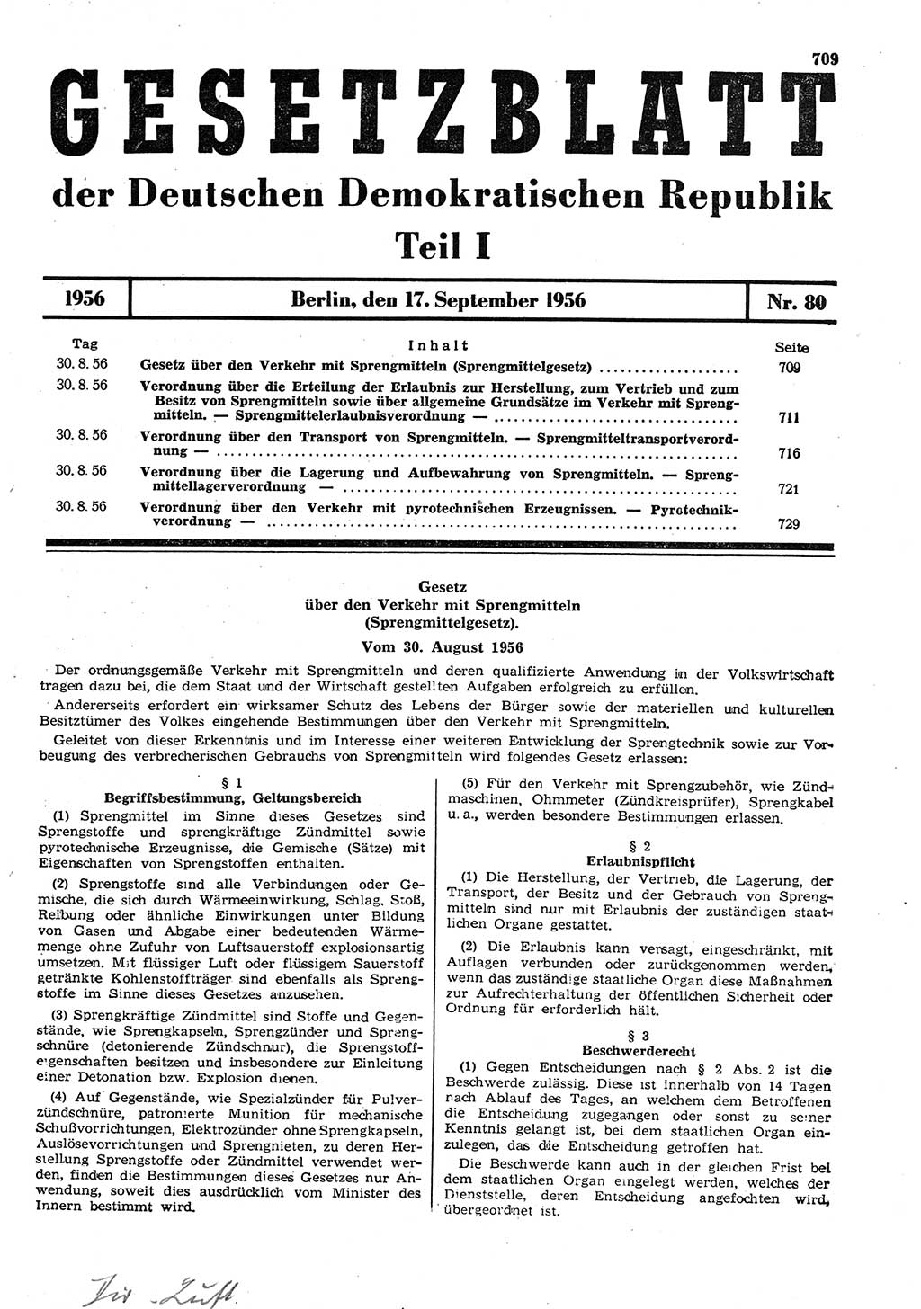 Gesetzblatt (GBl.) der Deutschen Demokratischen Republik (DDR) Teil Ⅰ 1956, Seite 709 (GBl. DDR Ⅰ 1956, S. 709)