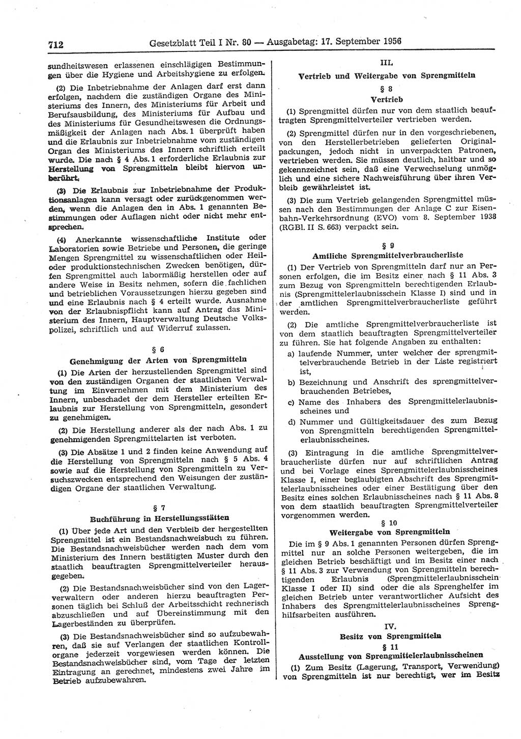 Gesetzblatt (GBl.) der Deutschen Demokratischen Republik (DDR) Teil Ⅰ 1956, Seite 712 (GBl. DDR Ⅰ 1956, S. 712)