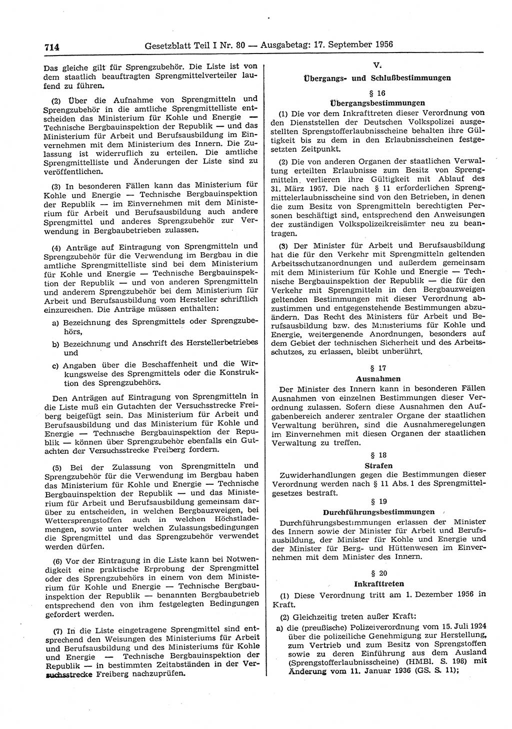 Gesetzblatt (GBl.) der Deutschen Demokratischen Republik (DDR) Teil Ⅰ 1956, Seite 714 (GBl. DDR Ⅰ 1956, S. 714)