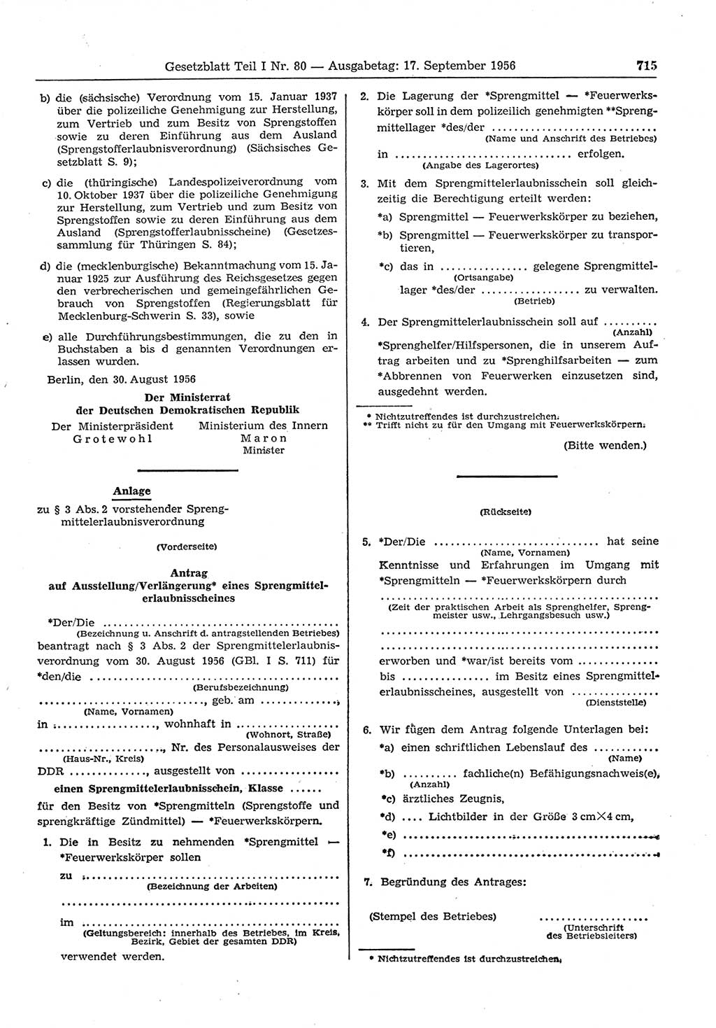 Gesetzblatt (GBl.) der Deutschen Demokratischen Republik (DDR) Teil Ⅰ 1956, Seite 715 (GBl. DDR Ⅰ 1956, S. 715)