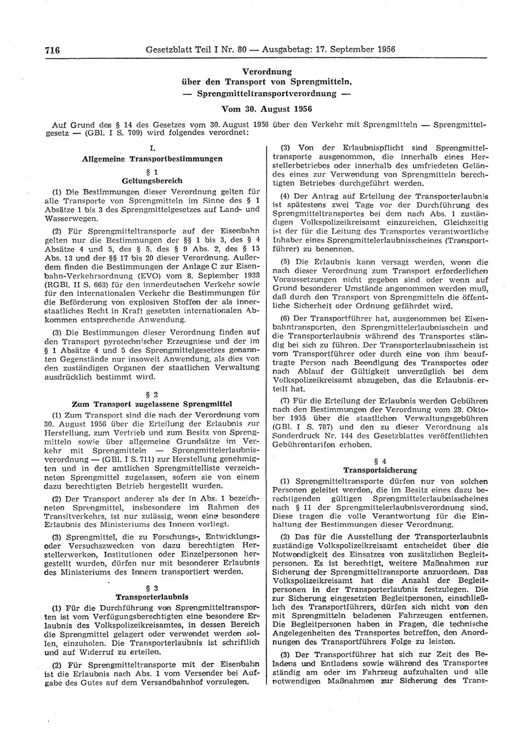 Gesetzblatt (GBl.) der Deutschen Demokratischen Republik (DDR) Teil Ⅰ 1956, Seite 716 (GBl. DDR Ⅰ 1956, S. 716)
