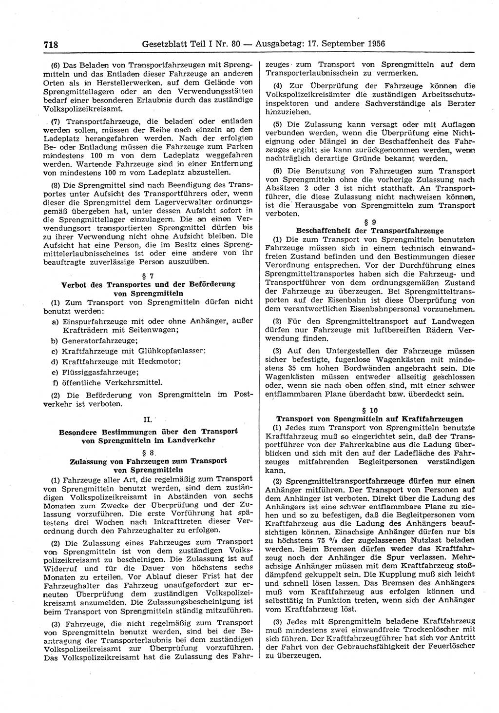 Gesetzblatt (GBl.) der Deutschen Demokratischen Republik (DDR) Teil Ⅰ 1956, Seite 718 (GBl. DDR Ⅰ 1956, S. 718)