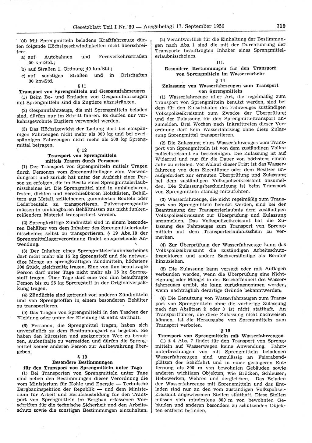 Gesetzblatt (GBl.) der Deutschen Demokratischen Republik (DDR) Teil Ⅰ 1956, Seite 719 (GBl. DDR Ⅰ 1956, S. 719)