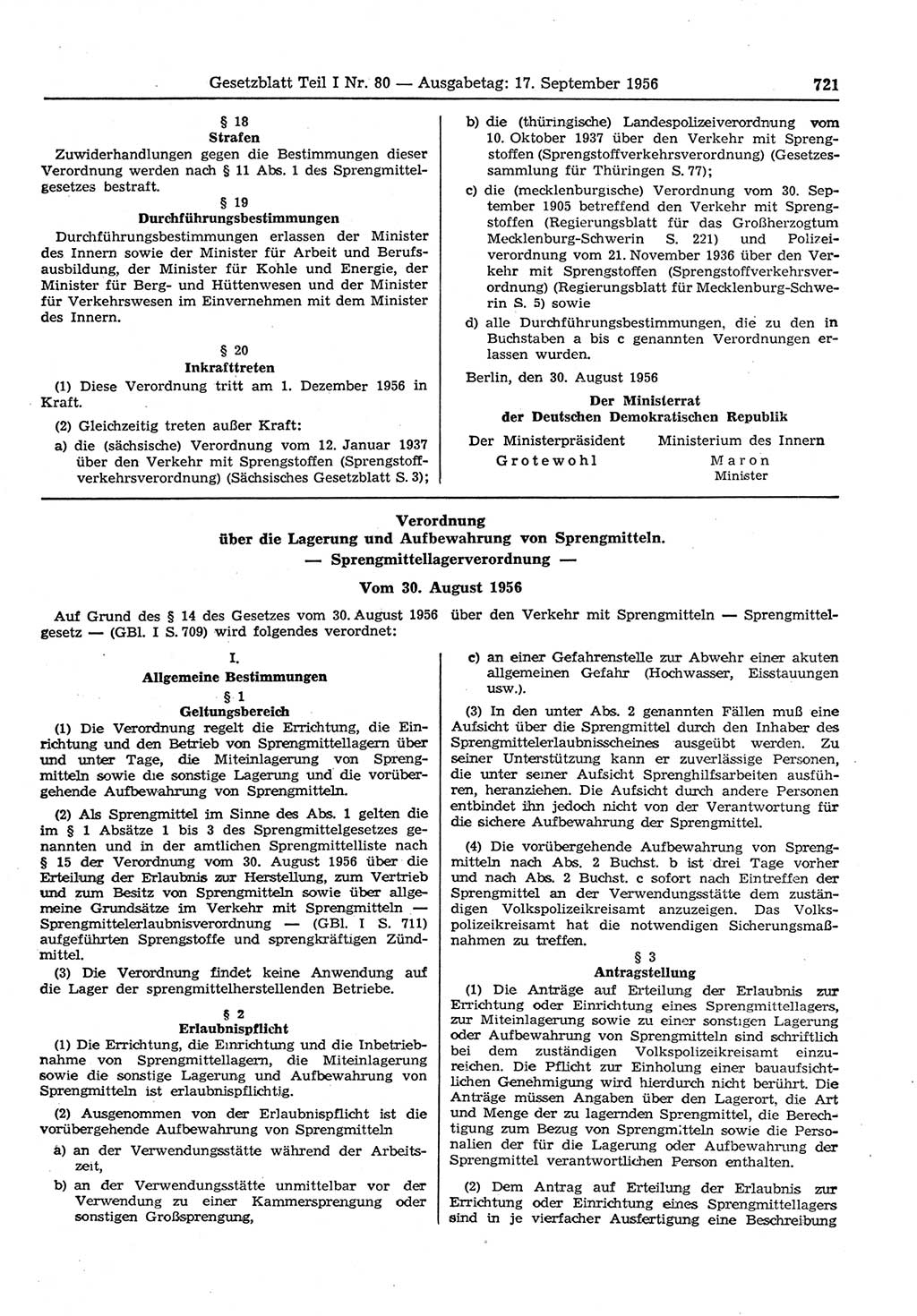 Gesetzblatt (GBl.) der Deutschen Demokratischen Republik (DDR) Teil Ⅰ 1956, Seite 721 (GBl. DDR Ⅰ 1956, S. 721)