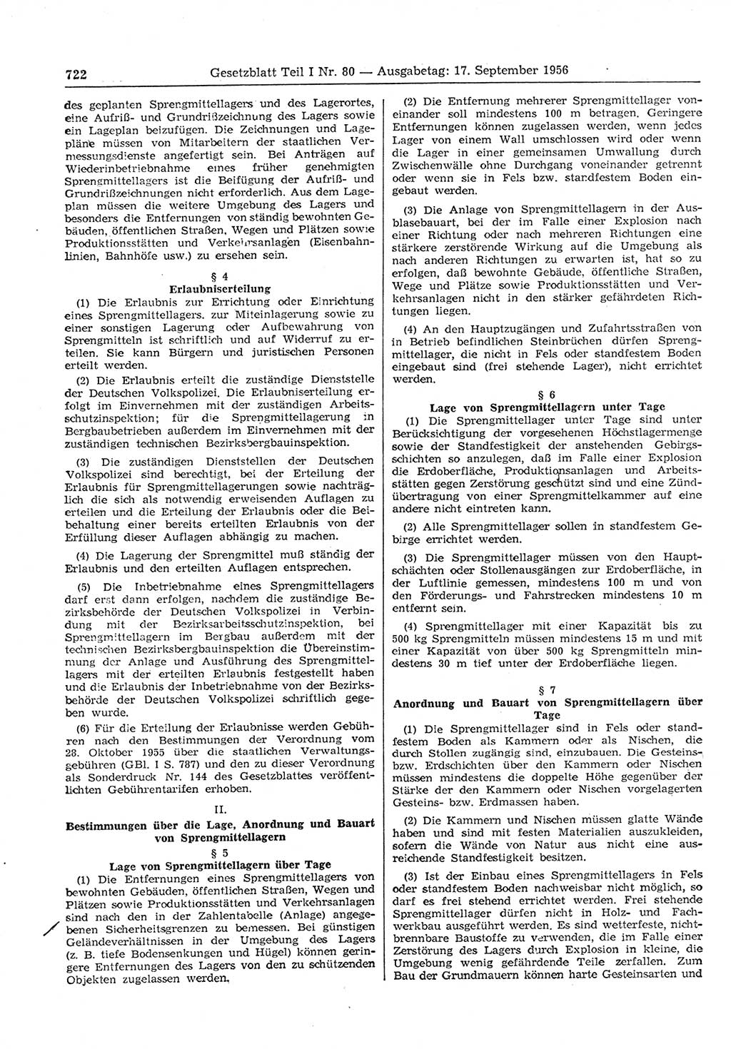 Gesetzblatt (GBl.) der Deutschen Demokratischen Republik (DDR) Teil Ⅰ 1956, Seite 722 (GBl. DDR Ⅰ 1956, S. 722)