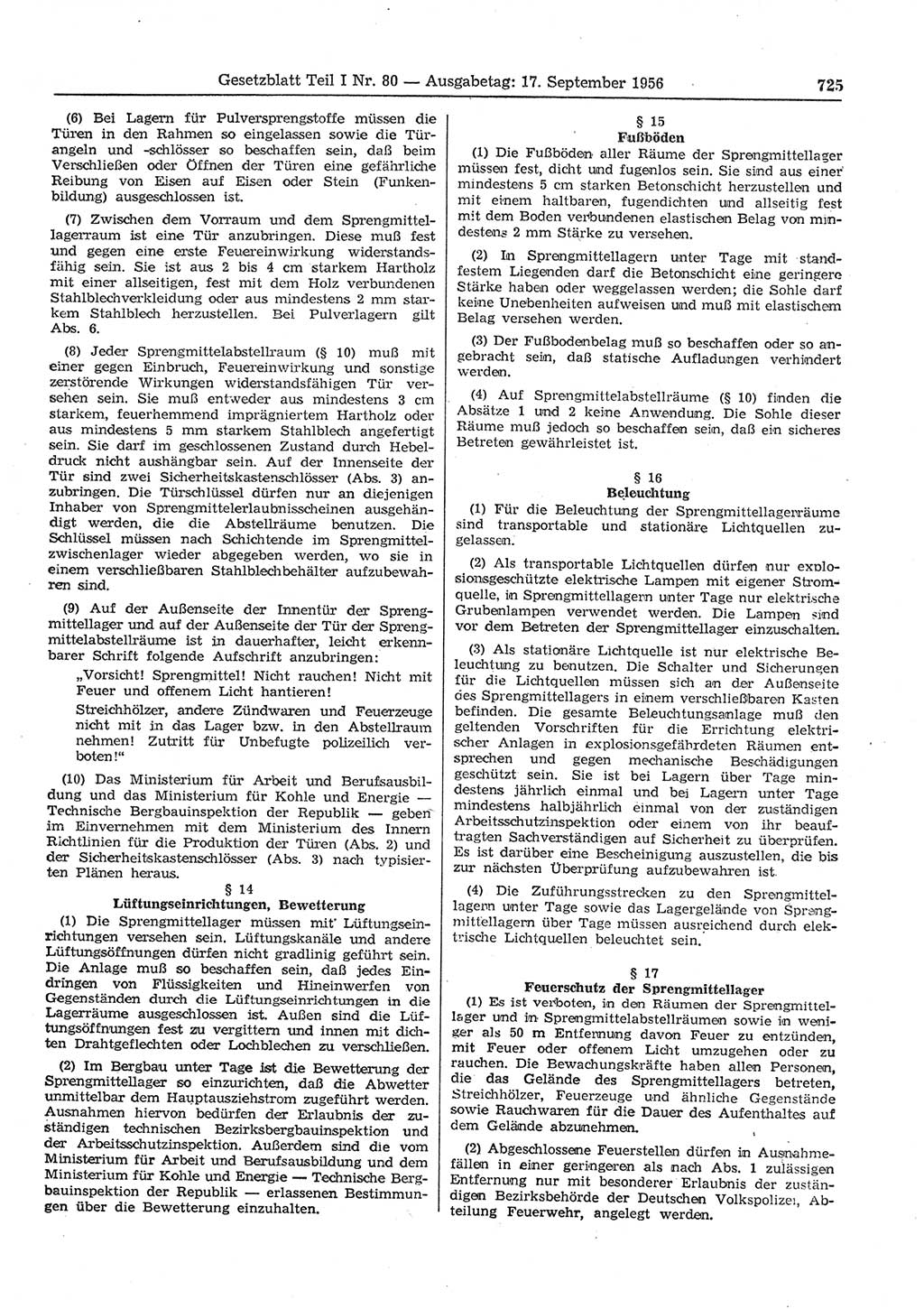 Gesetzblatt (GBl.) der Deutschen Demokratischen Republik (DDR) Teil Ⅰ 1956, Seite 725 (GBl. DDR Ⅰ 1956, S. 725)