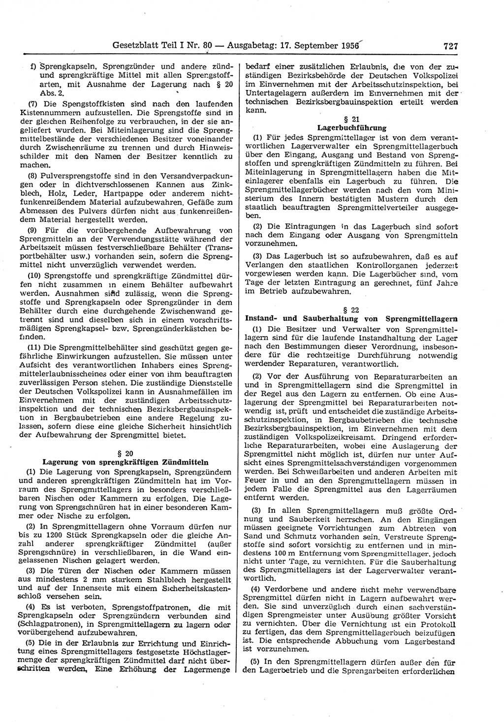 Gesetzblatt (GBl.) der Deutschen Demokratischen Republik (DDR) Teil Ⅰ 1956, Seite 727 (GBl. DDR Ⅰ 1956, S. 727)