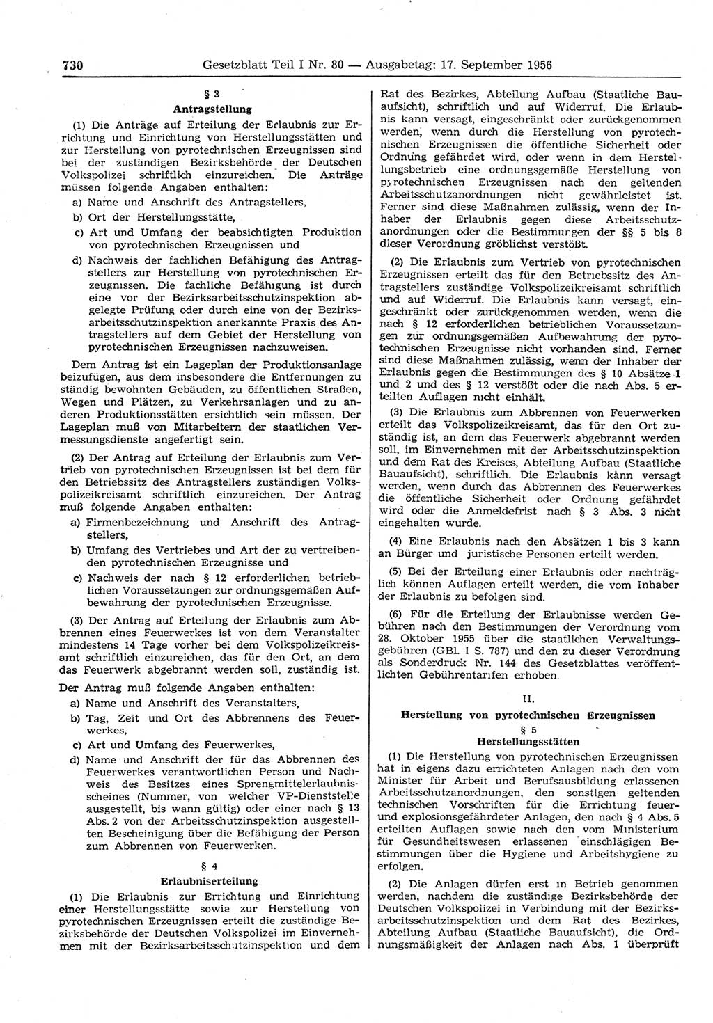 Gesetzblatt (GBl.) der Deutschen Demokratischen Republik (DDR) Teil Ⅰ 1956, Seite 730 (GBl. DDR Ⅰ 1956, S. 730)