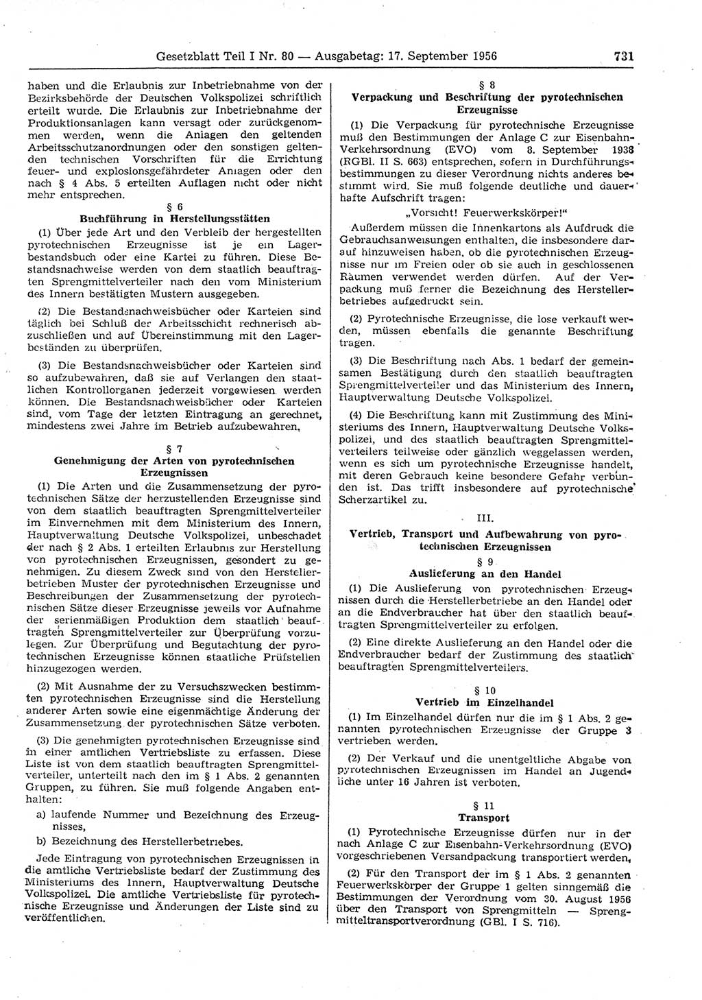 Gesetzblatt (GBl.) der Deutschen Demokratischen Republik (DDR) Teil Ⅰ 1956, Seite 731 (GBl. DDR Ⅰ 1956, S. 731)