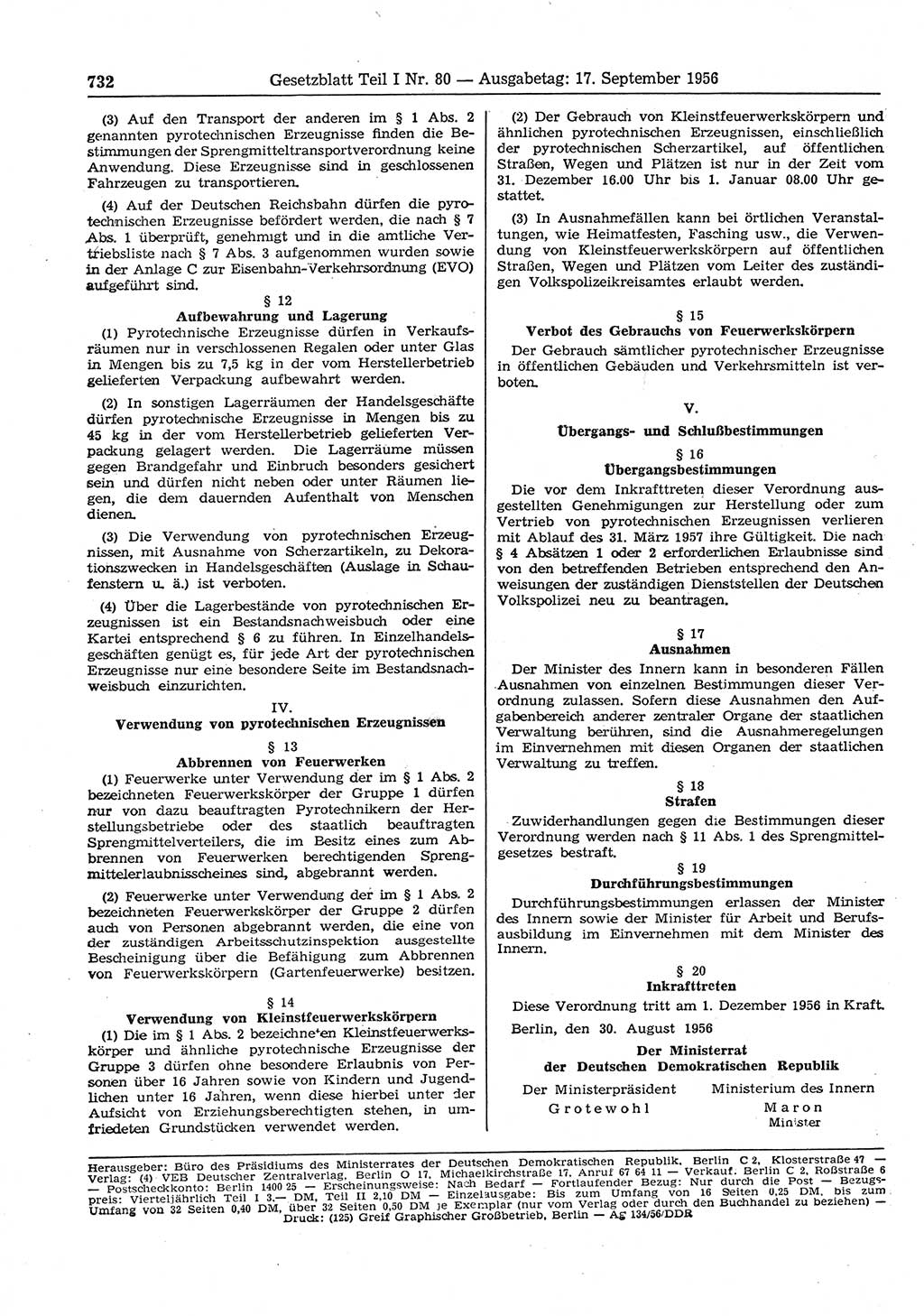 Gesetzblatt (GBl.) der Deutschen Demokratischen Republik (DDR) Teil Ⅰ 1956, Seite 732 (GBl. DDR Ⅰ 1956, S. 732)