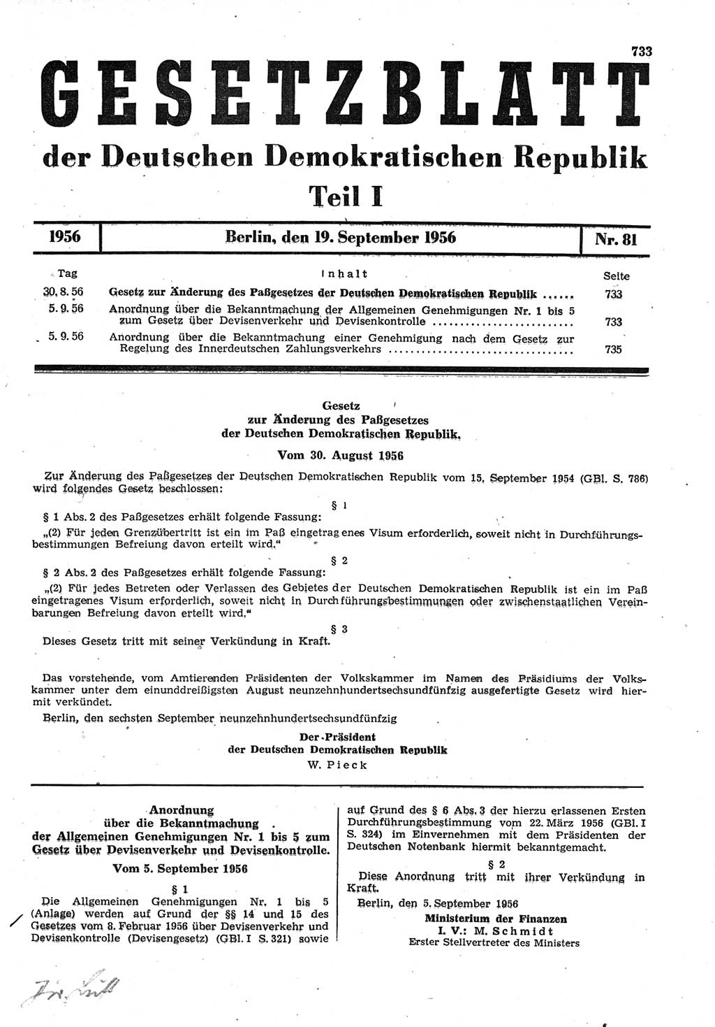 Gesetzblatt (GBl.) der Deutschen Demokratischen Republik (DDR) Teil Ⅰ 1956, Seite 733 (GBl. DDR Ⅰ 1956, S. 733)