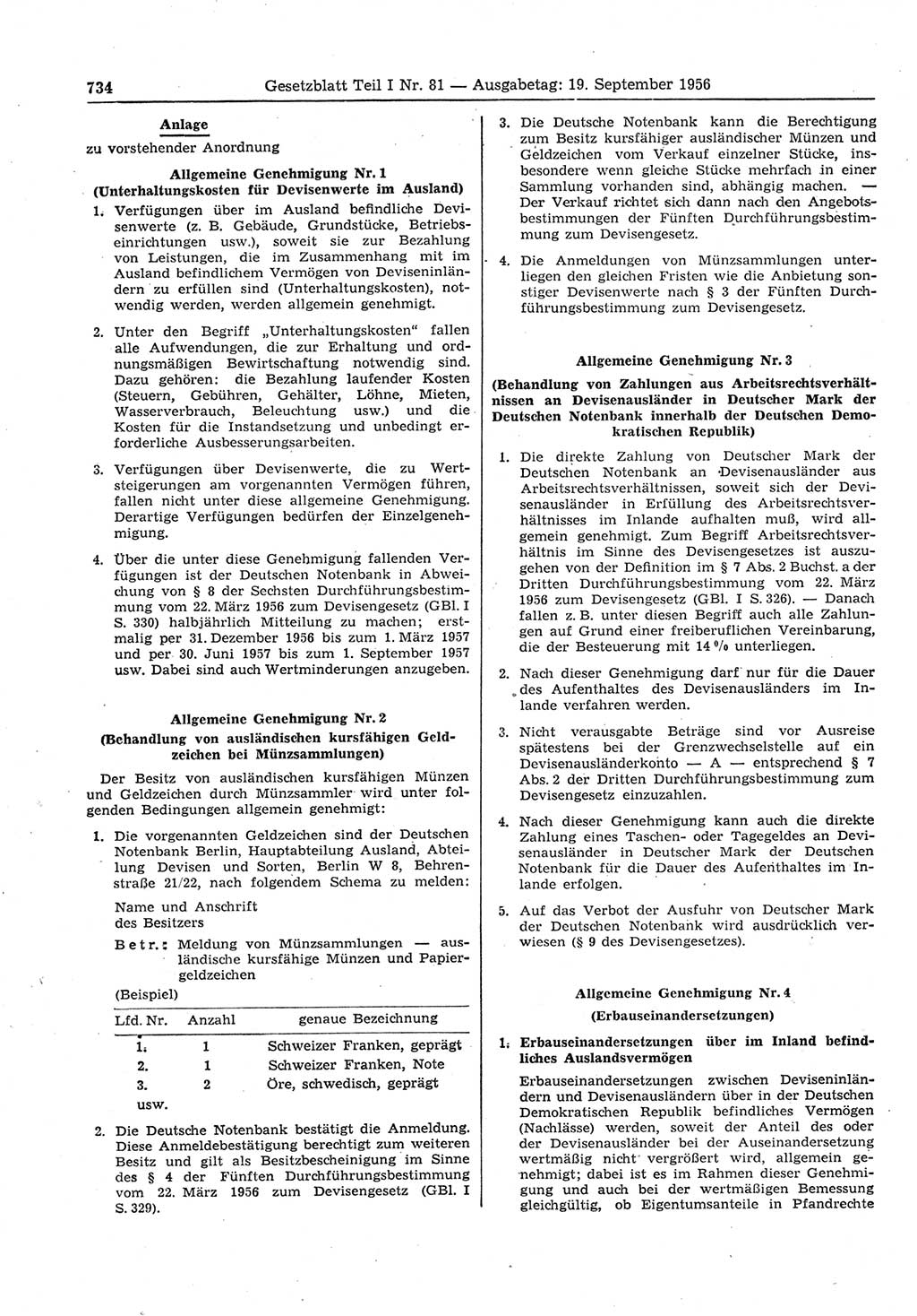 Gesetzblatt (GBl.) der Deutschen Demokratischen Republik (DDR) Teil Ⅰ 1956, Seite 734 (GBl. DDR Ⅰ 1956, S. 734)
