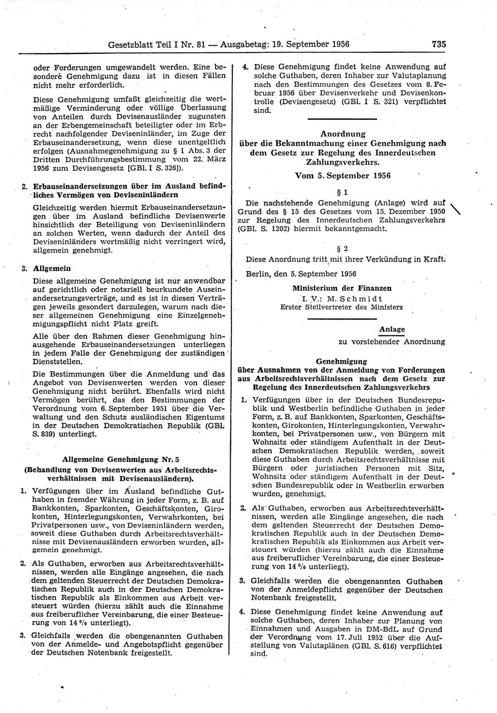 Gesetzblatt (GBl.) der Deutschen Demokratischen Republik (DDR) Teil Ⅰ 1956, Seite 735 (GBl. DDR Ⅰ 1956, S. 735)